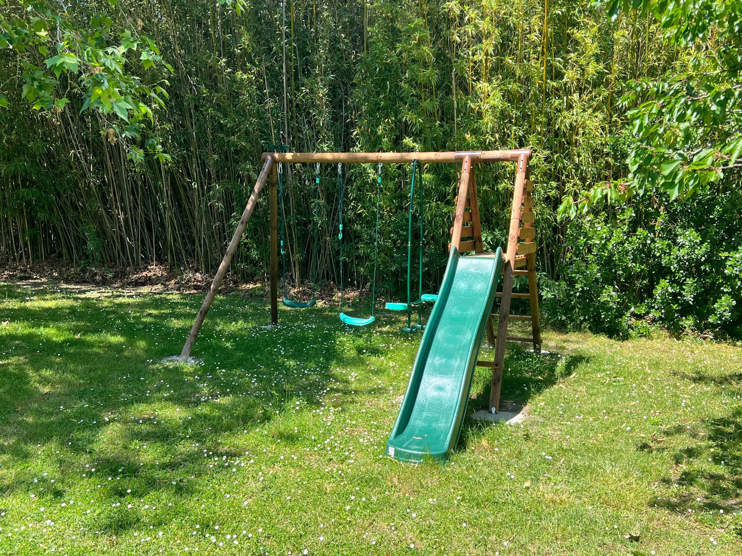 A backyard with a green slide and a swing set, surrounded by tall green bamboo and leafy trees.