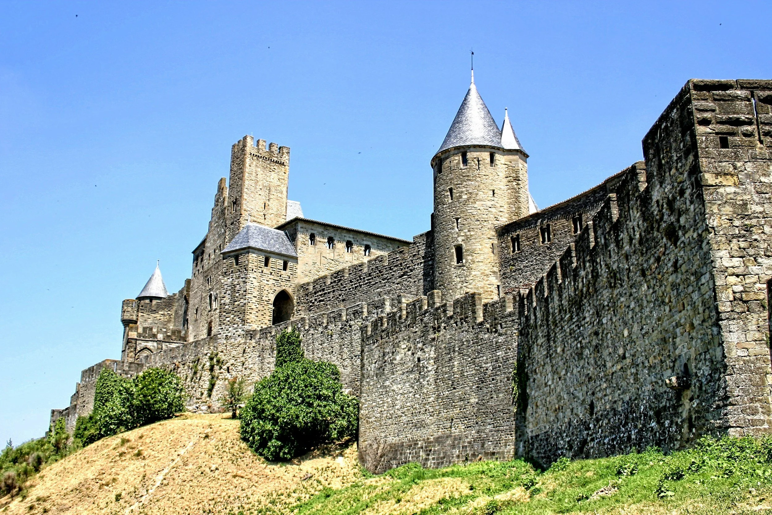 Ancient stone castle with towers and walls, set against a clear blue sky, with green bushes and a grassy slope in the foreground.