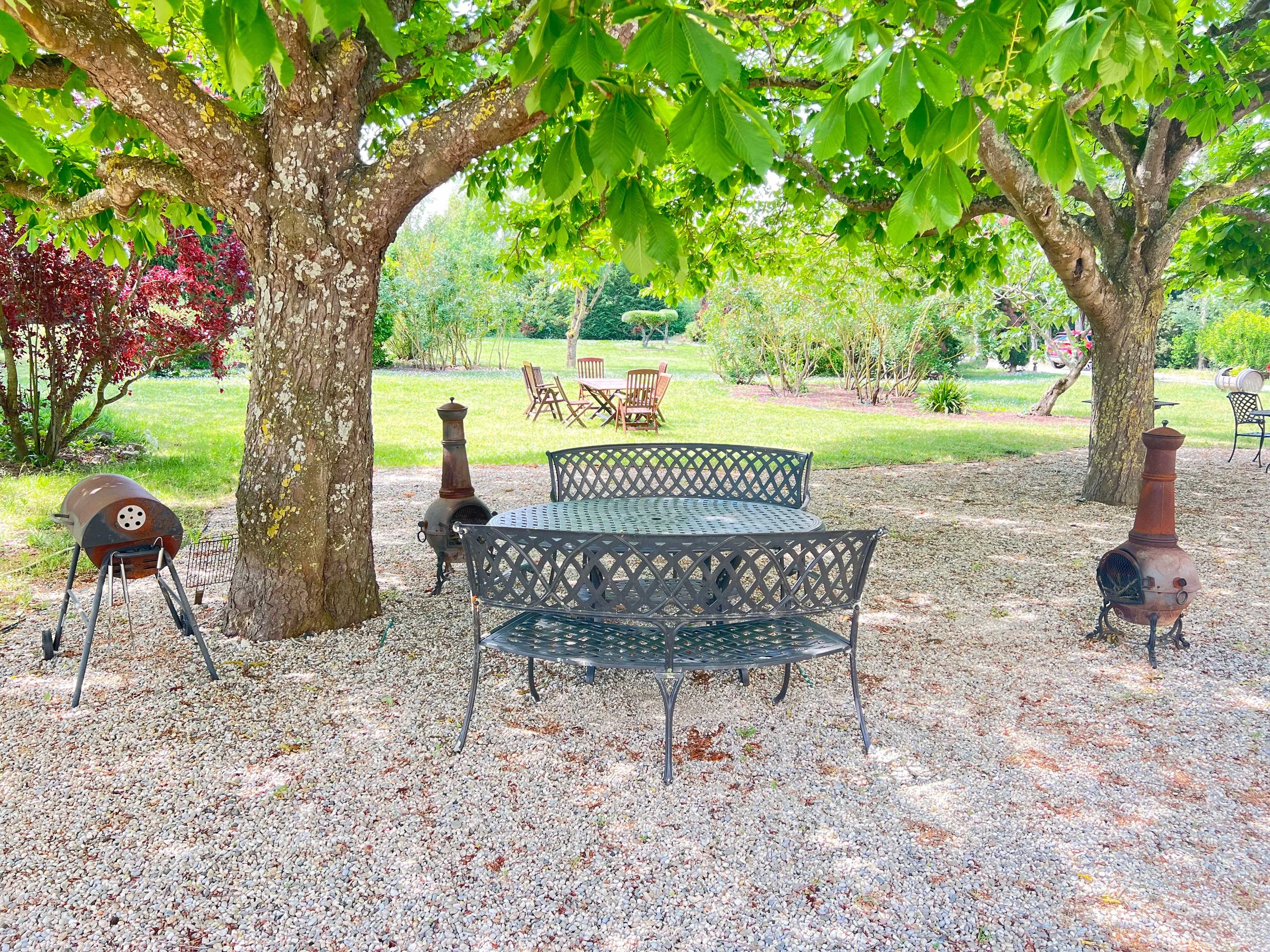 A backyard scene with a large tree in the foreground and a patio area with metal table and chairs in the shaded area beneath the tree. There are additional outdoor furniture including a wooden table and chairs in the background, along with plants, shrubs, and a grassy lawn.