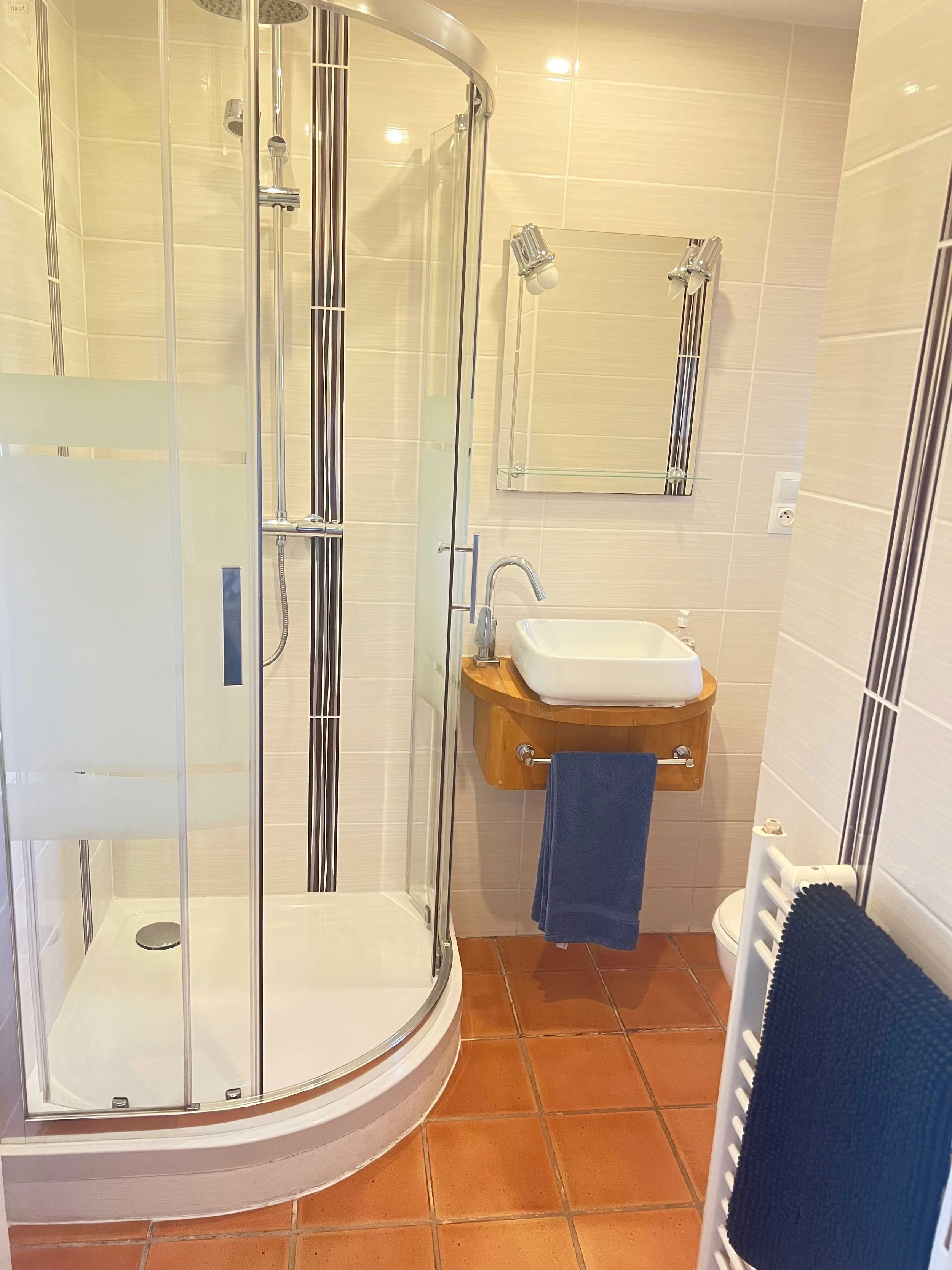 Small bathroom with a corner shower enclosure, a mirror, a sink with a wooden cabinet, and a heated towel rail with a blue towel. The walls are tiled in a light color, and the floor has brown tiles.
