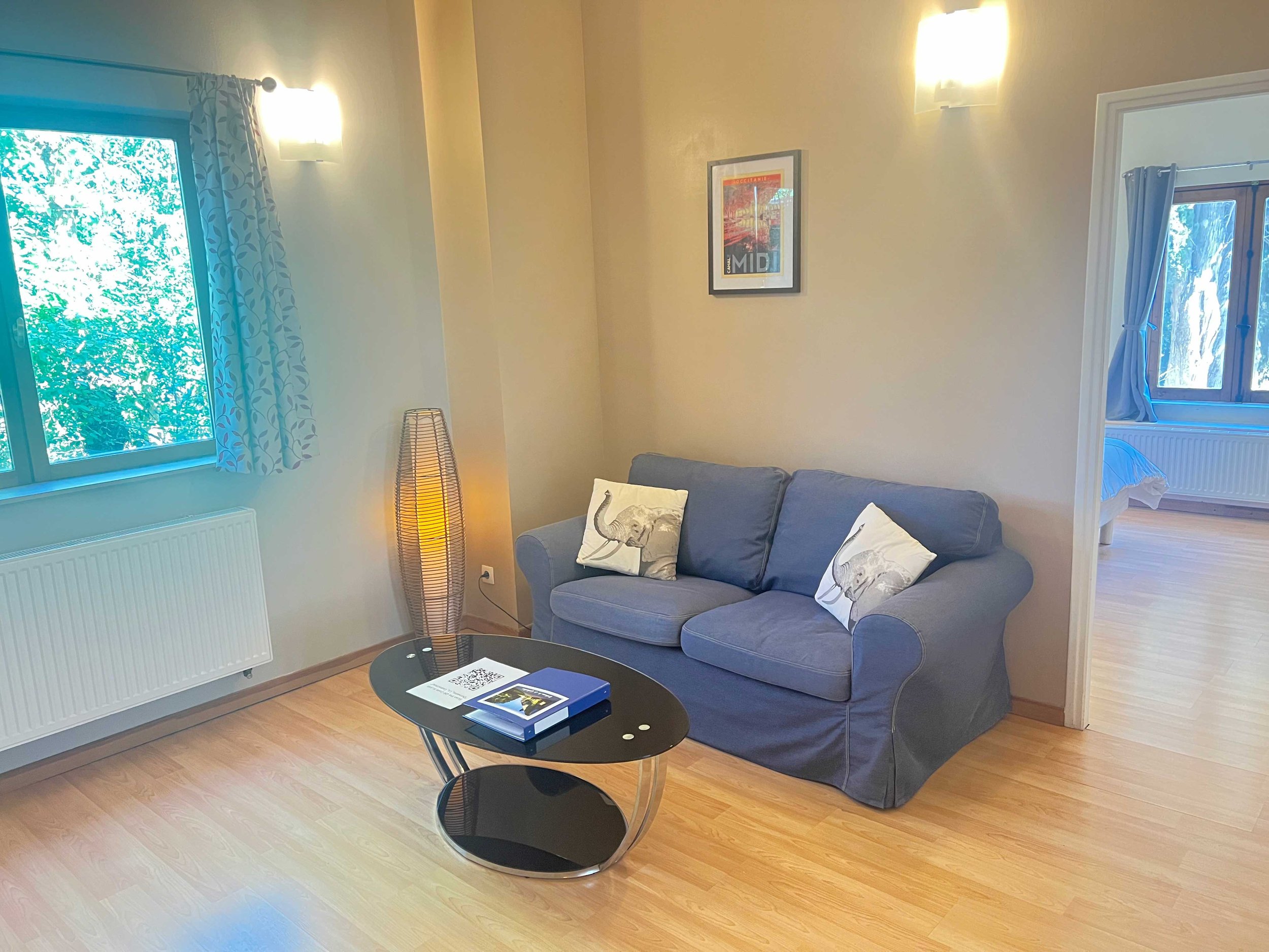 Living room with a blue sofa, a black coffee table with brochures, a tall floor lamp, two windows with blue curtains, a framed picture on the wall, and wood flooring.
