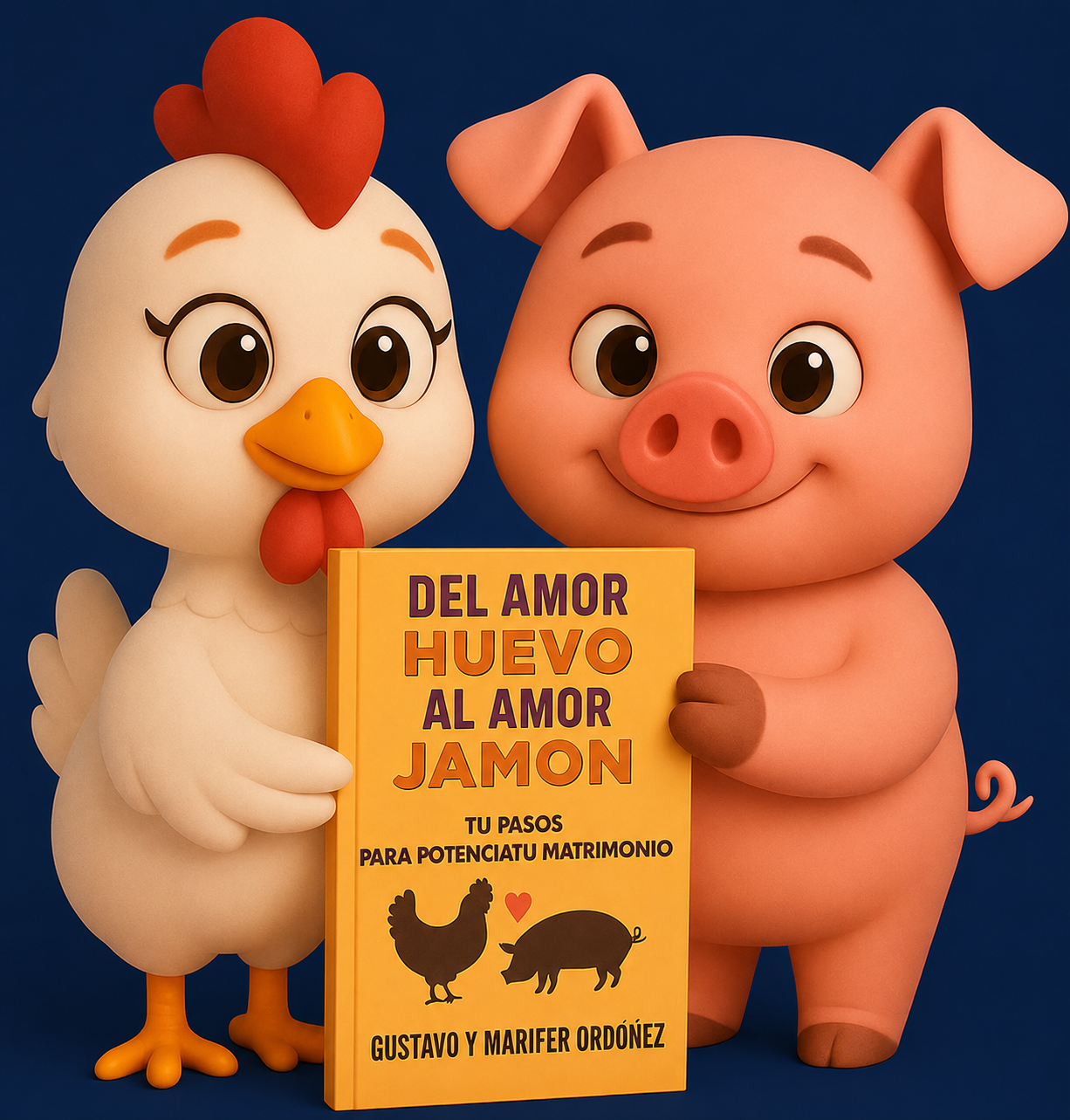 El cerdito y la gallinita en cartoon con el libro de Gustavo & Marifer Del Amor Huevo al Amor Jamon