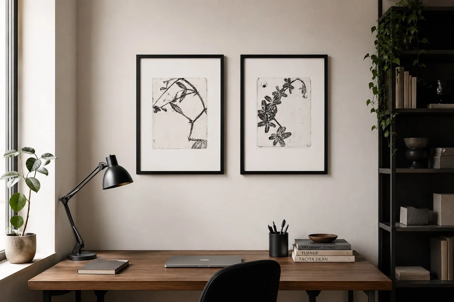 Home office workspace with a wooden desk, black adjustable desk lamp, potted plant, and stack of books, with two black-framed botanical line art prints on the wall.