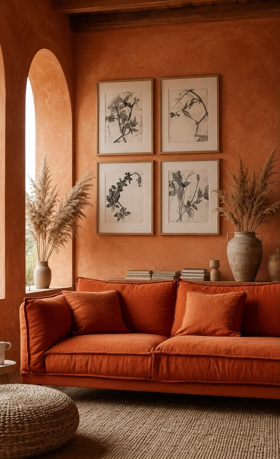 Living room with an orange velvet sofa, vases with pampas grass, framed black-and-white botanical prints on a warm orange wall, a window to the left, stacked books, and woven pouf.