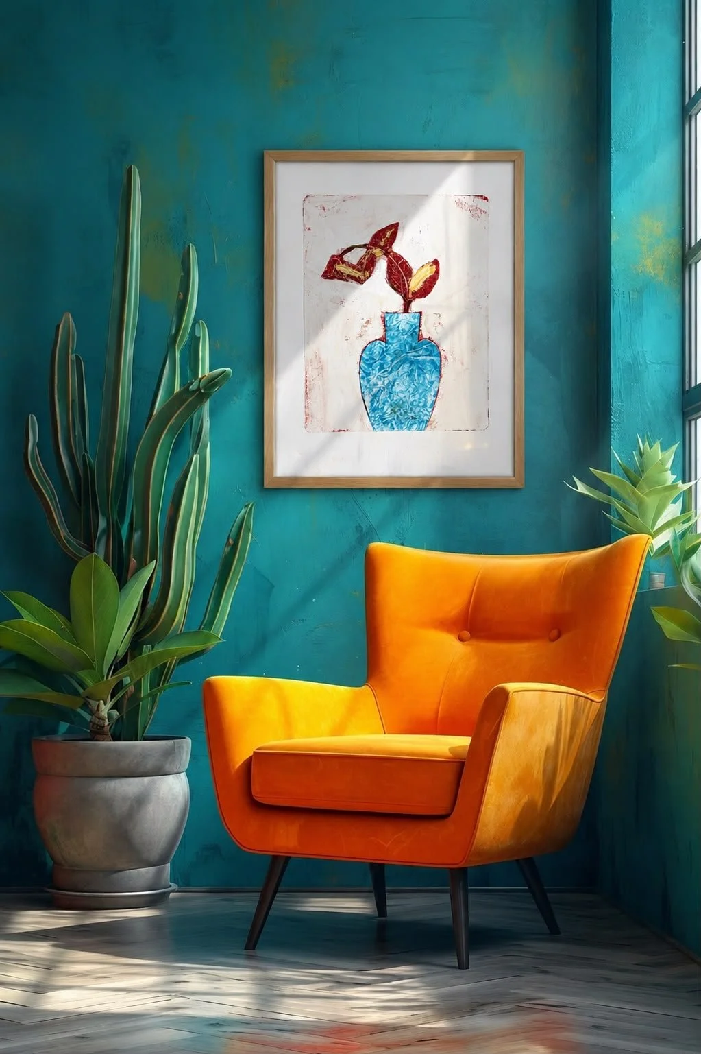 A cozy corner with a bright orange mid-century modern armchair, large green potted plants, a teal textured wall with a framed abstract art piece of a blue vase with leaves, and sunlight streaming through a window.