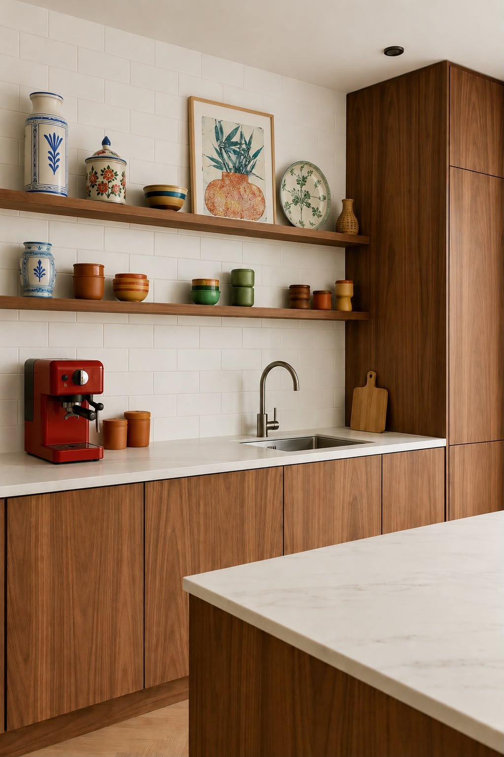 A modern kitchen with wooden cabinets, open wooden shelves holding colorful ceramic bowls and jars, a white backsplash, a red espresso machine, a kitchen sink with a stainless steel faucet, a wooden cutting board, and a framed art print of a plant.