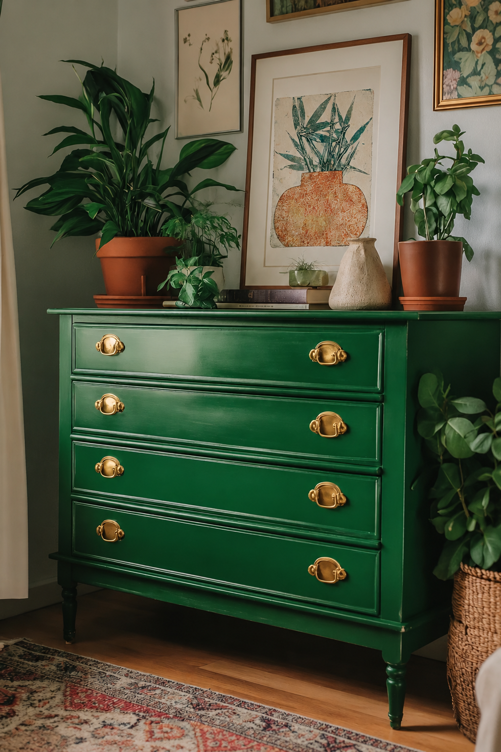 A green dresser with gold handles decorated with potted plants and framed artwork