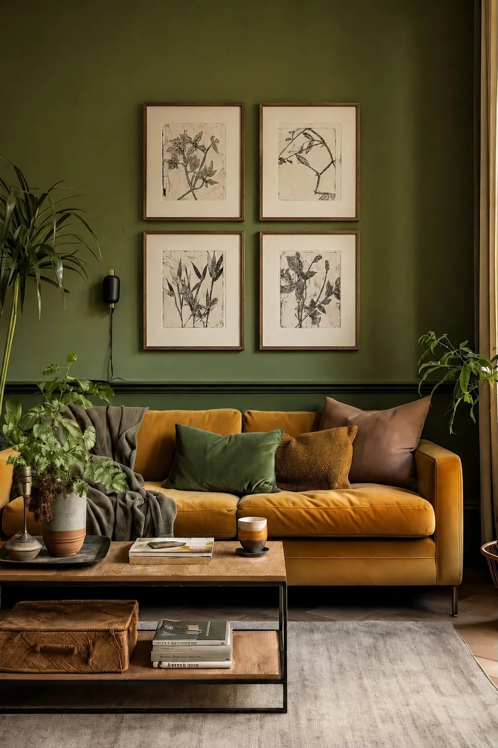 Living room with green wall, four black-and-white botanical prints, mustard-colored sofa with green and brown pillows, a gray blanket, potted plants, a wooden coffee table with books, a cup, and decorative items, and sunlight coming through curtains.