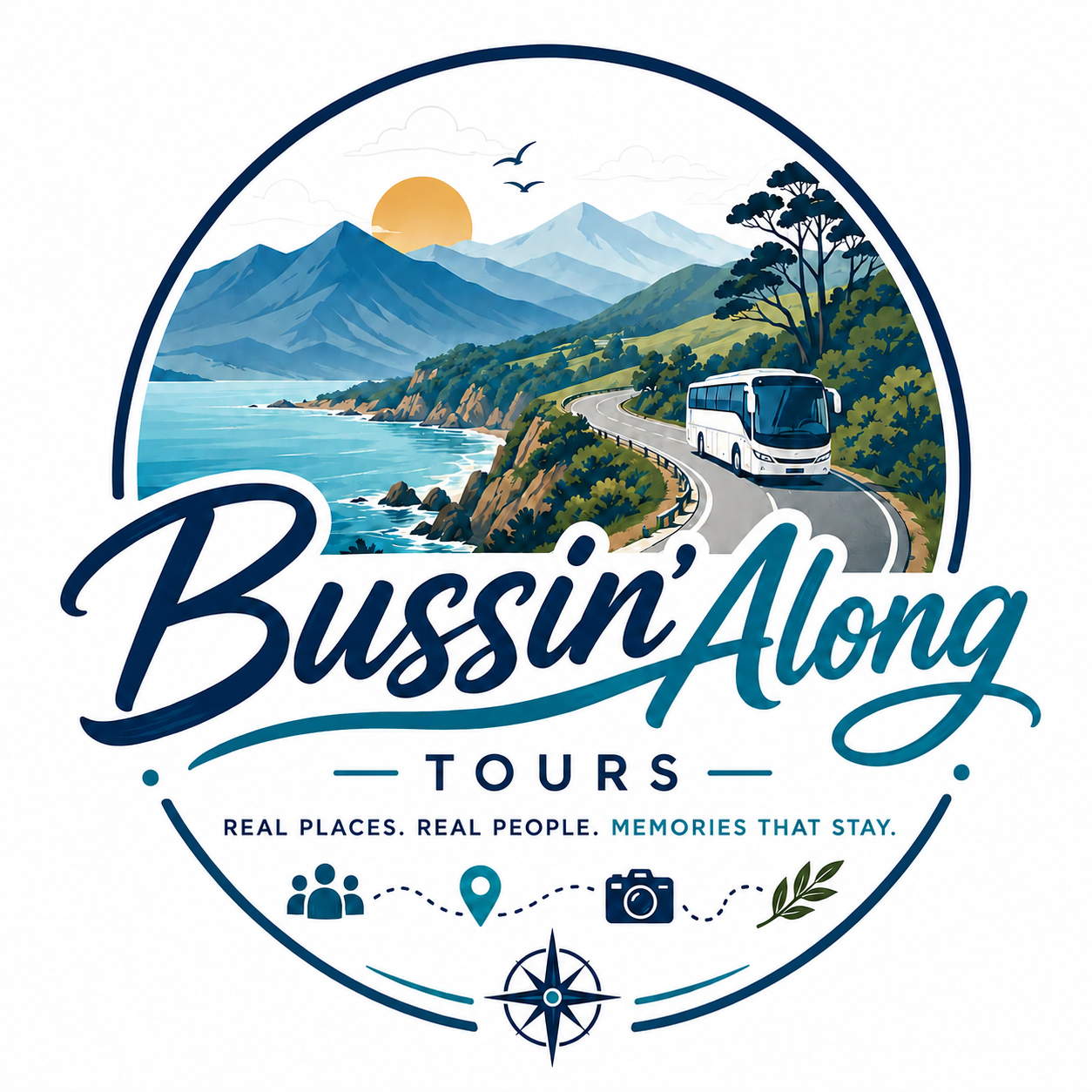 Logo for Bussi'n'Along Tours featuring a scenic coastal landscape with mountains, water, and a bus on a winding road, along with text and icons representing travel.