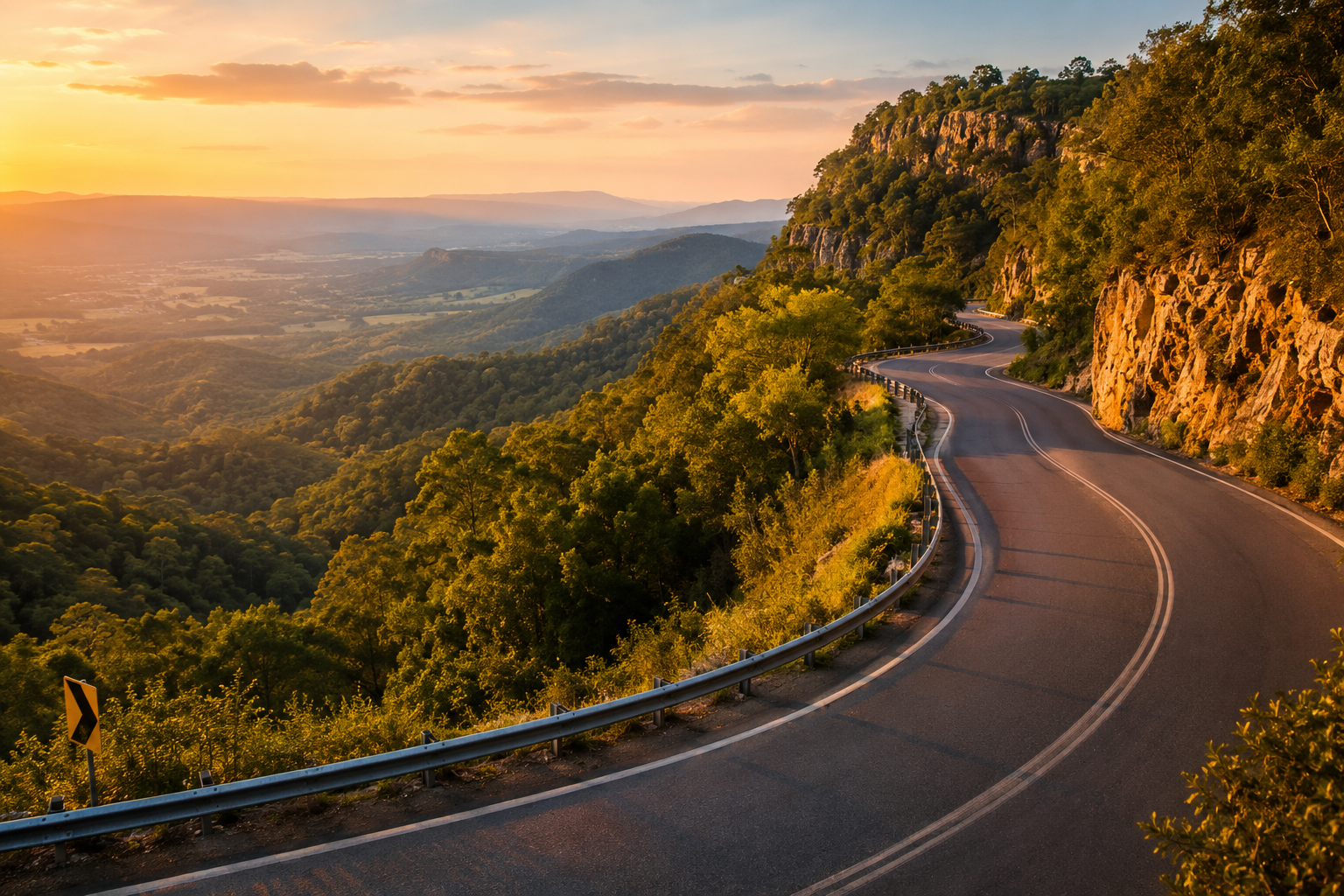 Winding mountain road with guardrails surrounded by green trees, overlooking distant valleys and mountains during sunset.