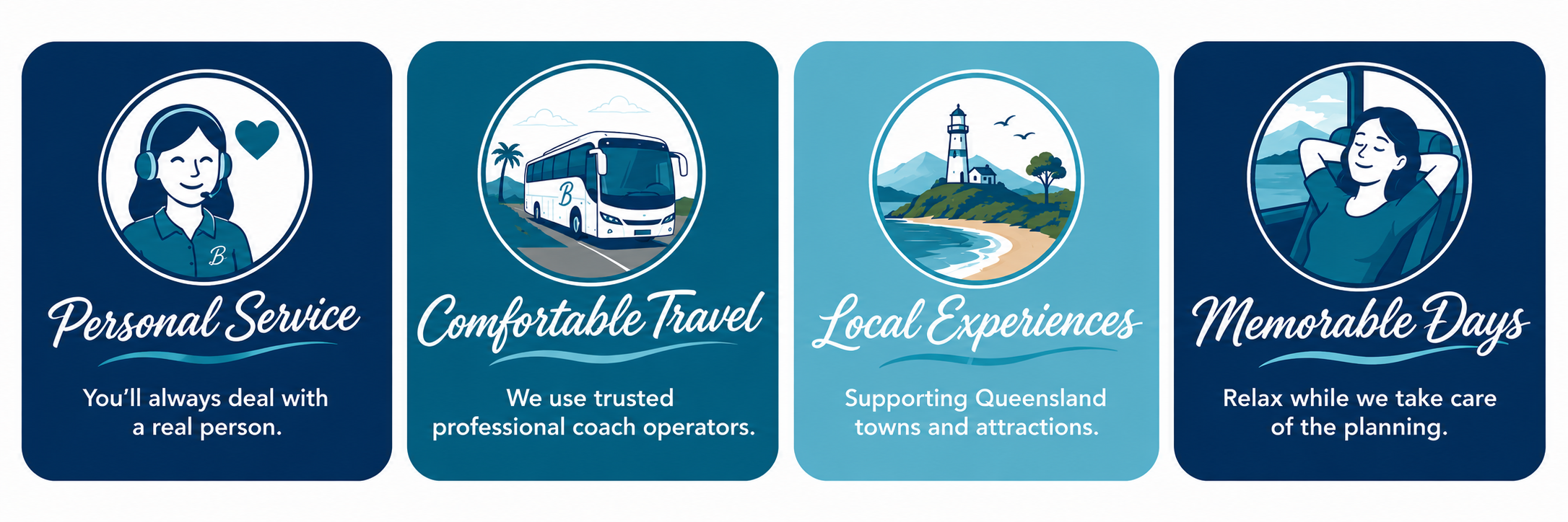 Four infographic panels, from left to right: a woman with headphones and a heart icon, a bus on a road with a palm tree, a lighthouse on a coastline with mountains, and a woman relaxing with arms behind her head overlooking water.