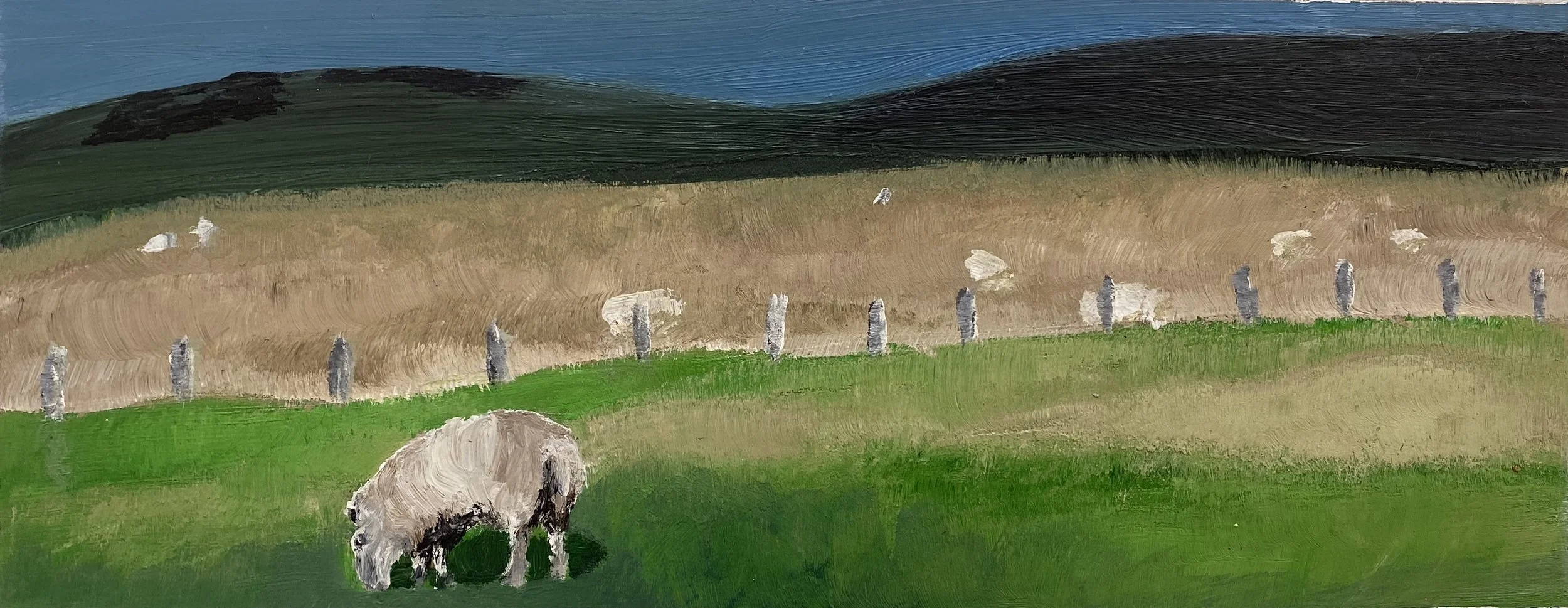 A landscape painting of grassy fields, a row of fence posts, brown and green rolling hills, and a cloudy blue sky.