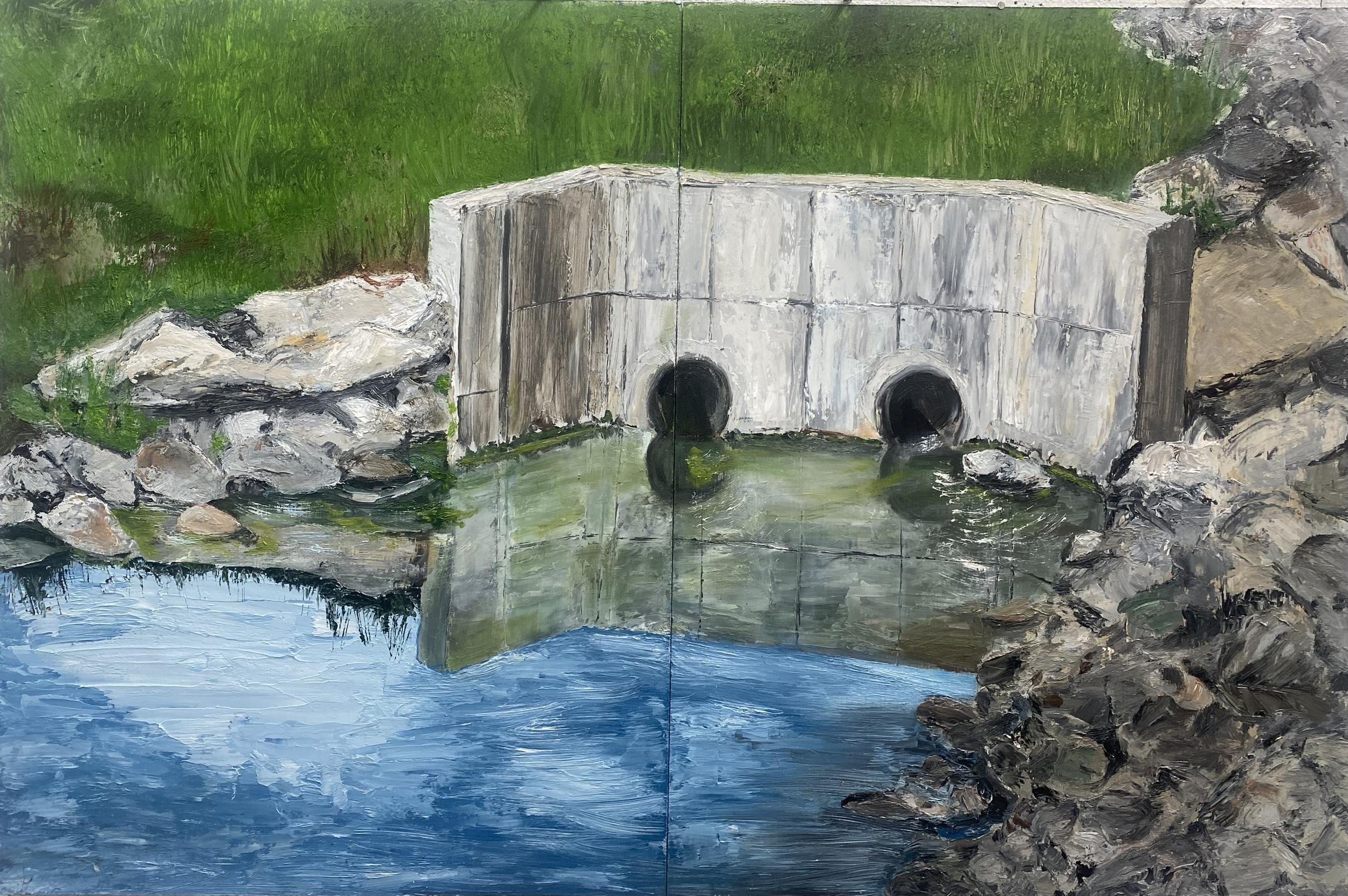Painting of a stone bridge over a small river, with green trees in the background.