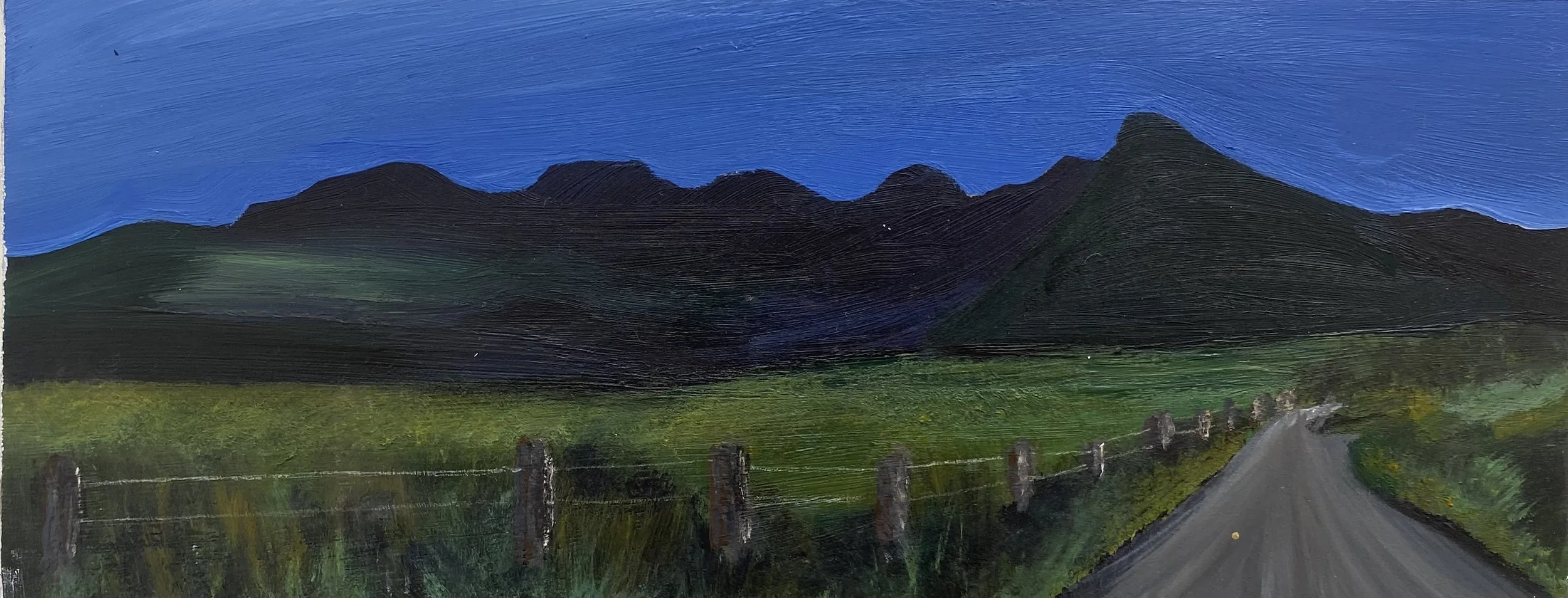 A painting of a landscape showing a mountain range with a bright blue sky. There is a green field with a fence and a narrow road in the foreground.