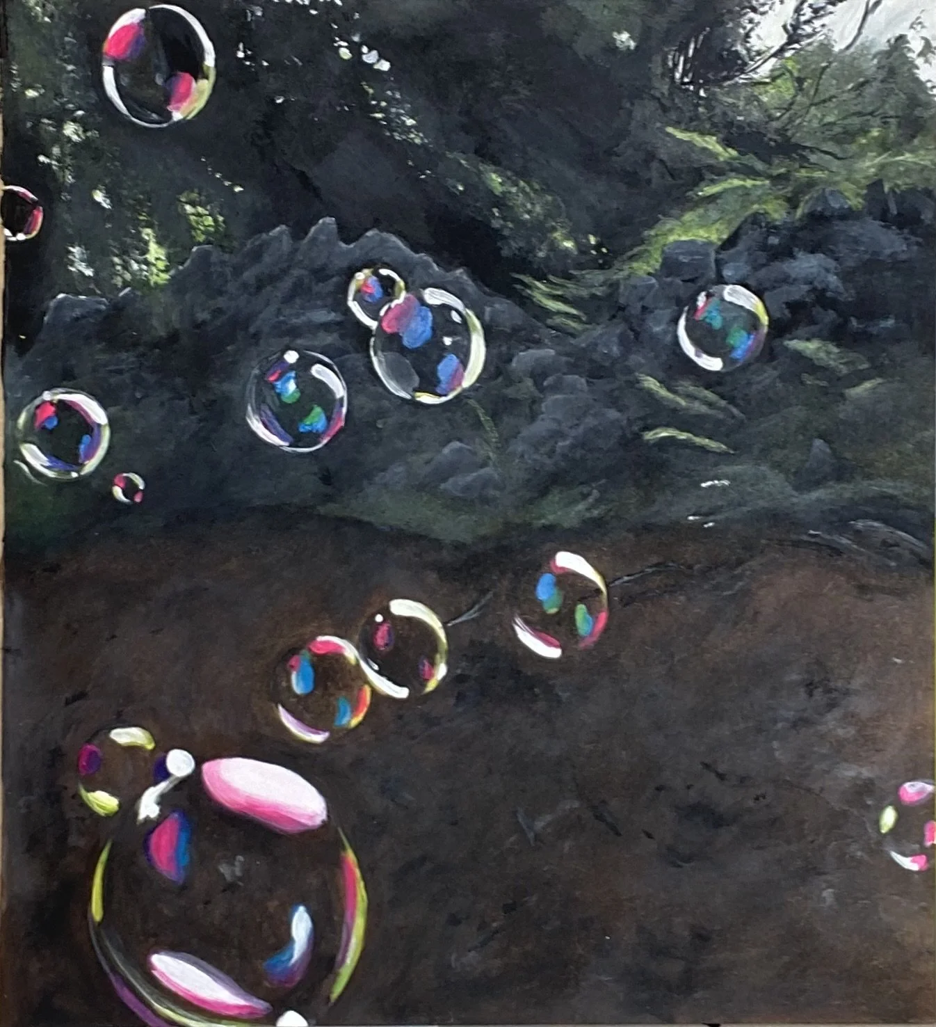 Colorful bubbles floating above a dark rocky landscape with greenery