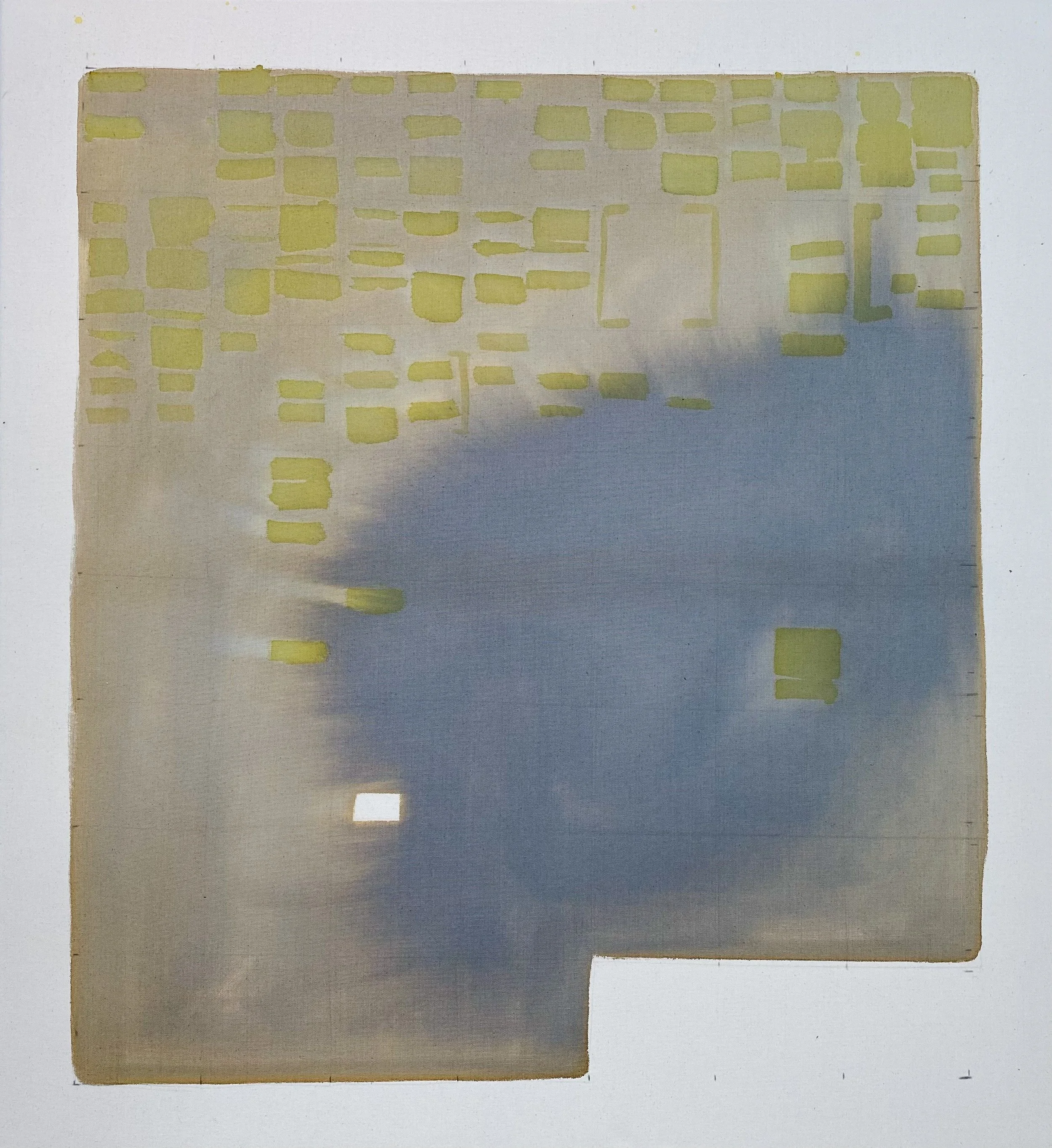 Abstract artwork featuring a large beige square with yellow rectangular shapes scattered across the surface, ink on canvas, by contemporary artist Annabelle Pelaez.