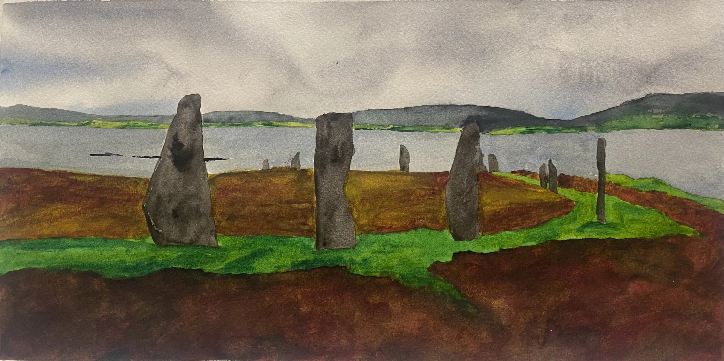 Watercolor painting of standing stones in a landscape, with a body of water and distant hills under a cloudy sky.