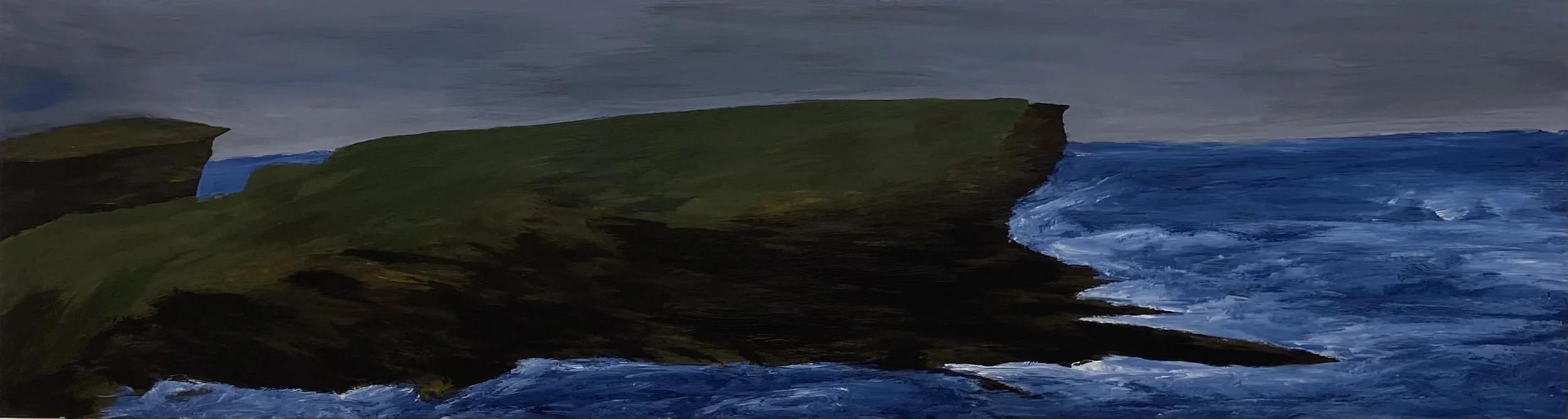 A painted landscape of green cliffs along a blue ocean with waves crashing against the rocks under a cloudy sky.