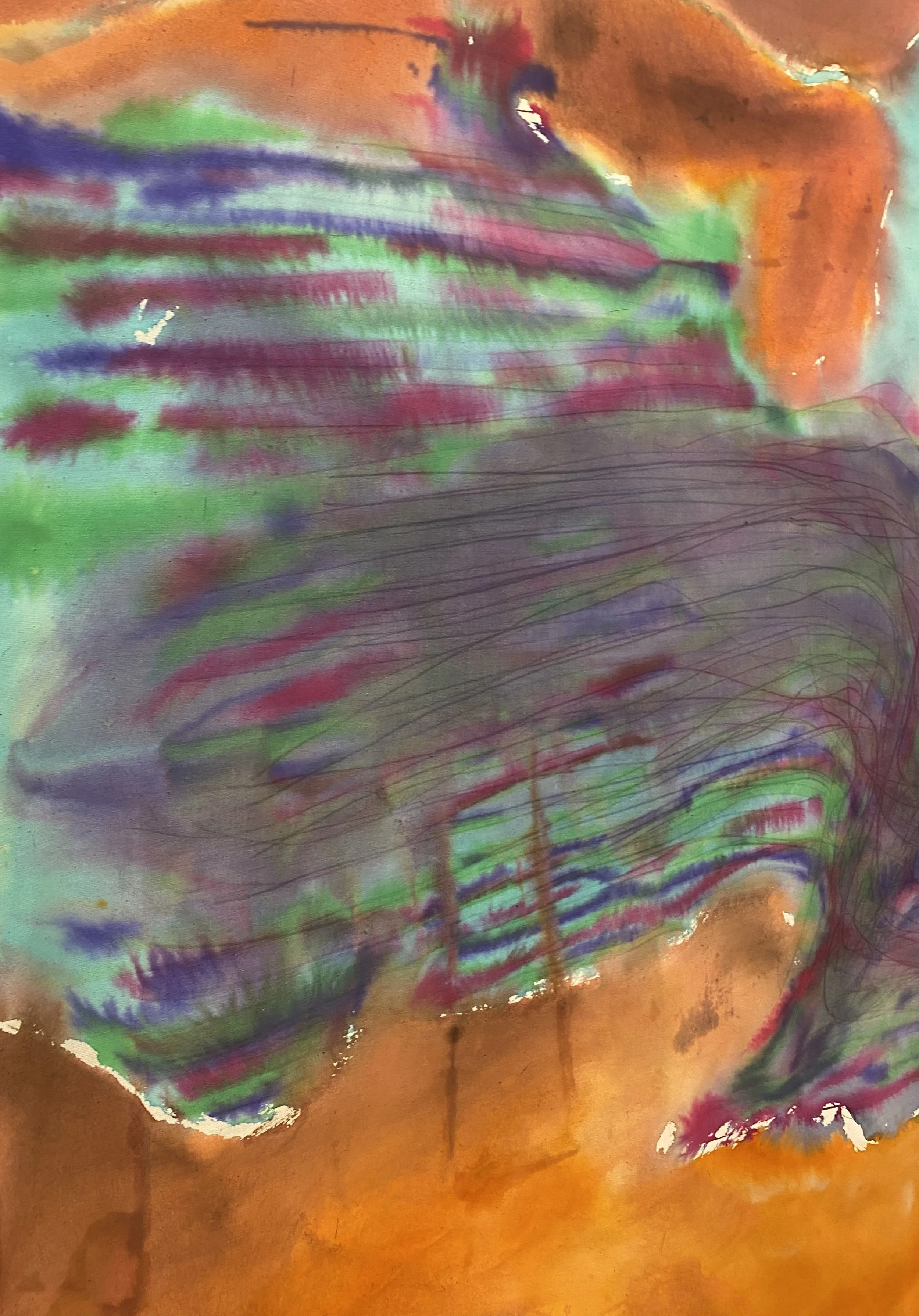 Abstract watercolor painting with orange, green, purple, and red colors blending together, Annabelle Pelaez artwork showing a close-up 'pools'