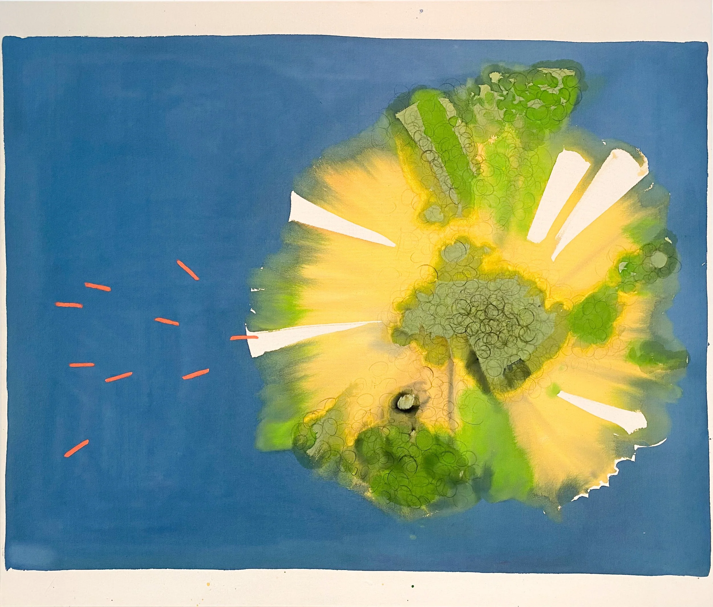Abstract watercolor painting with green, yellow, white, and blue colors, featuring curved lines and circular patterns.