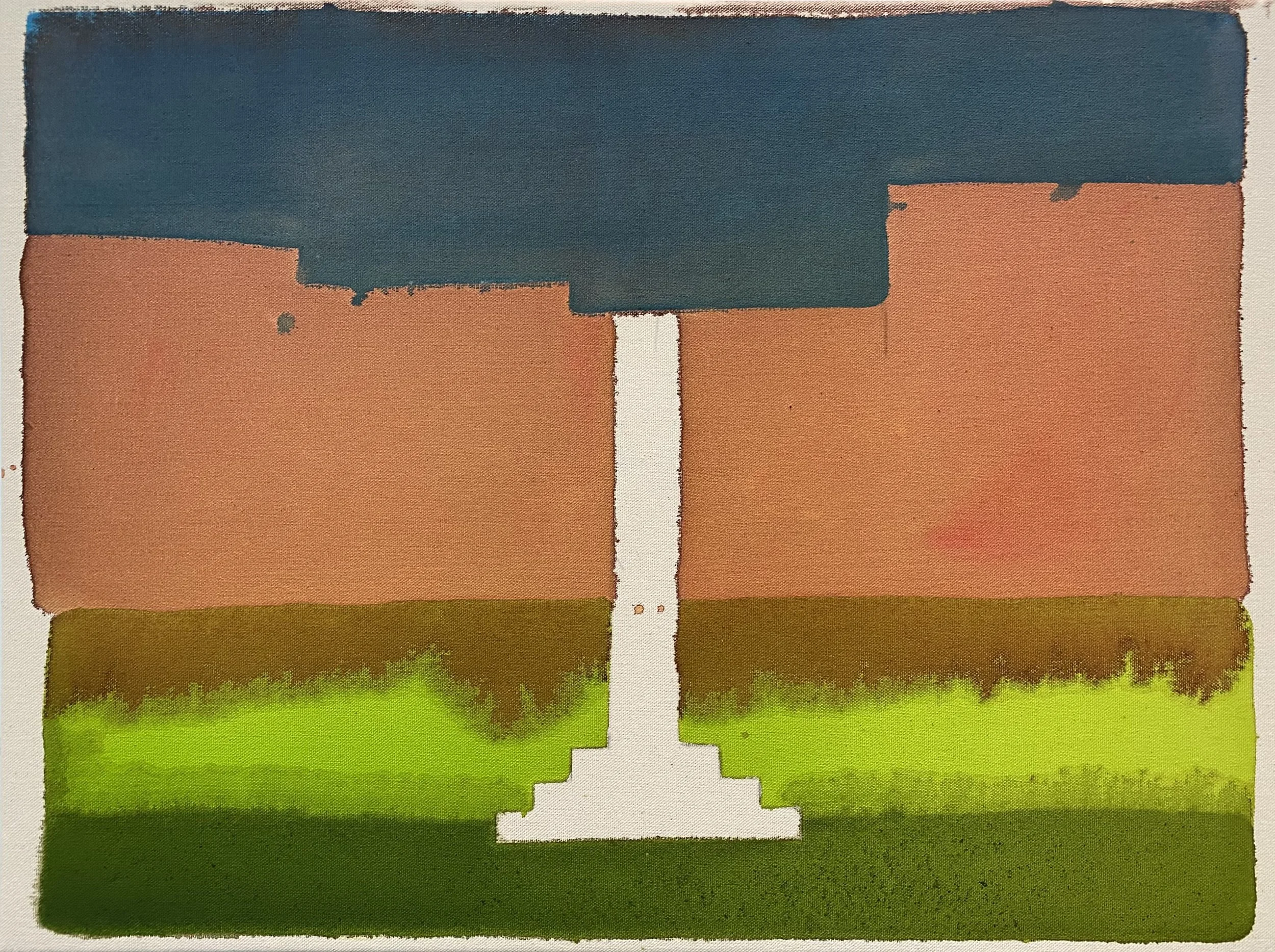 A colorful, pixelated landscape with layers of colors ranging from green at the bottom to blue and pink at the top. ‘Capitoline Wolf Sculpture’ by contemporary Artist Annabelle Pelaez