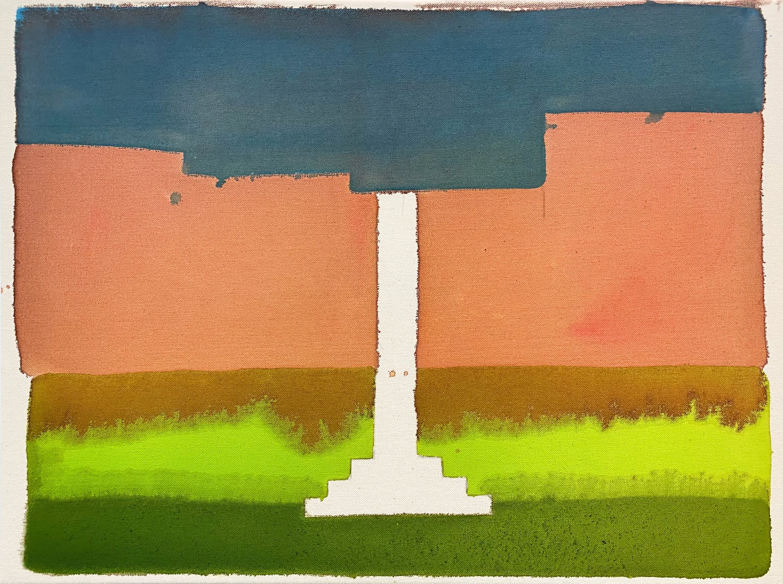 A colorful, pixelated landscape with layers of colors ranging from green at the bottom to blue and pink at the top. ‘Capitoline Wolf Sculpture’ by contemporary Artist Annabelle Pelaez