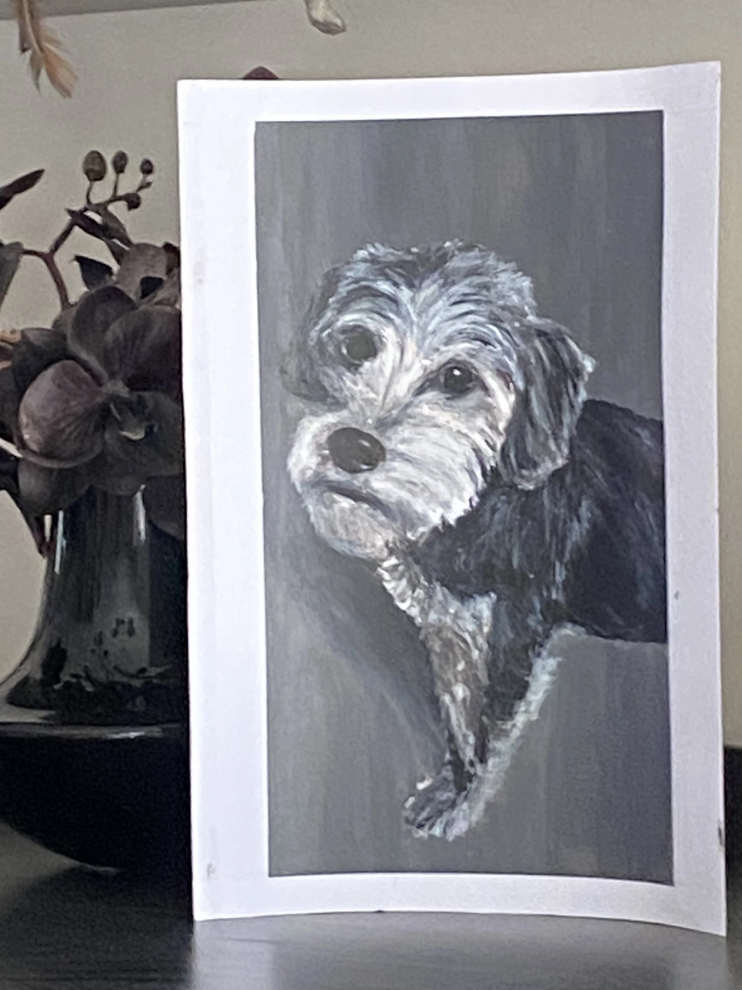 Painting of a dog with curly fur, black and white coloring, on a piece of paper or card leaning against a surface, with a plant partially visible to the left.