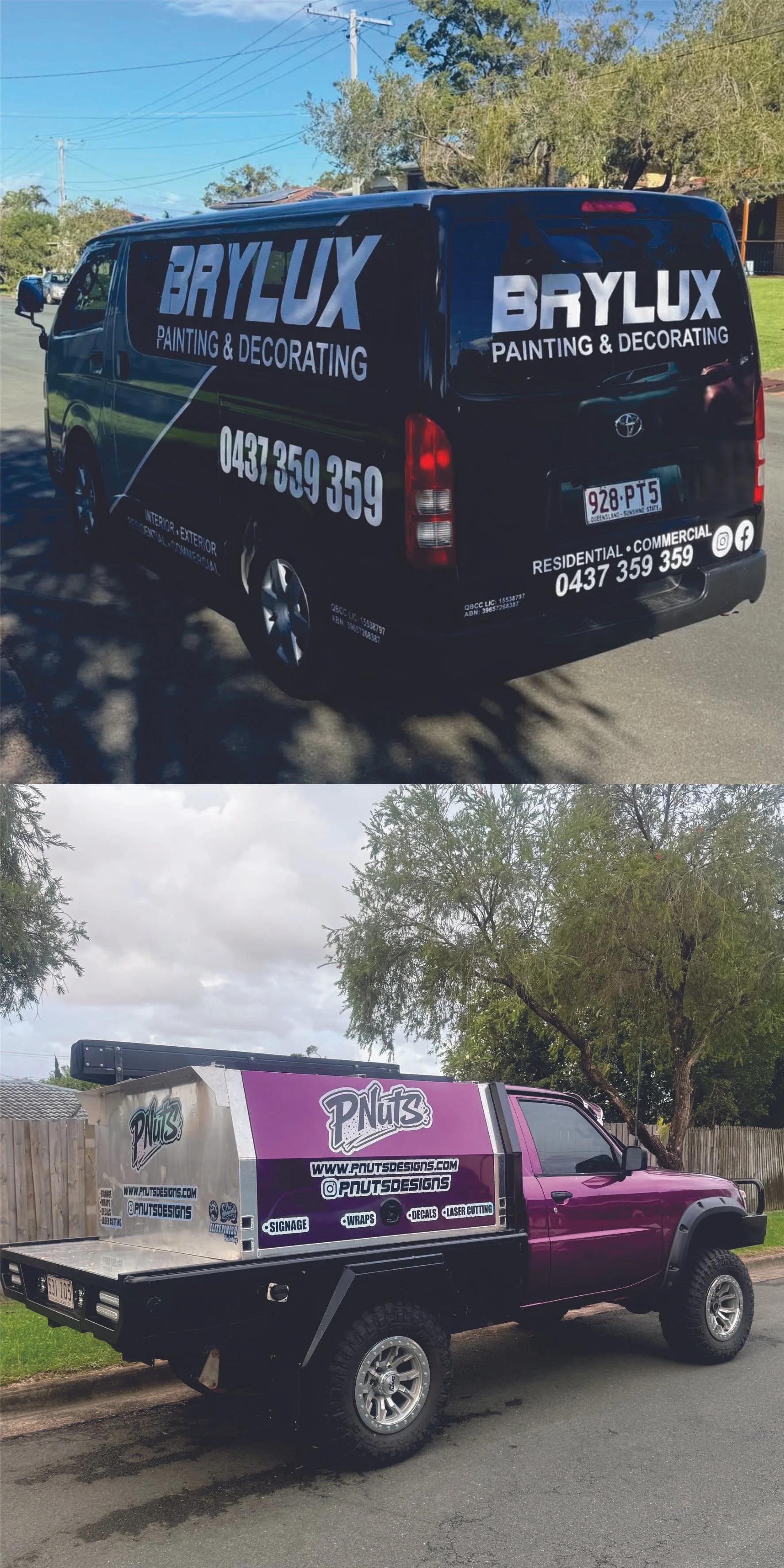 Two pickup trucks parked outdoors, one black with signage for Brylux Painting & Decorating and another purple with signage for Pnuts Designs.