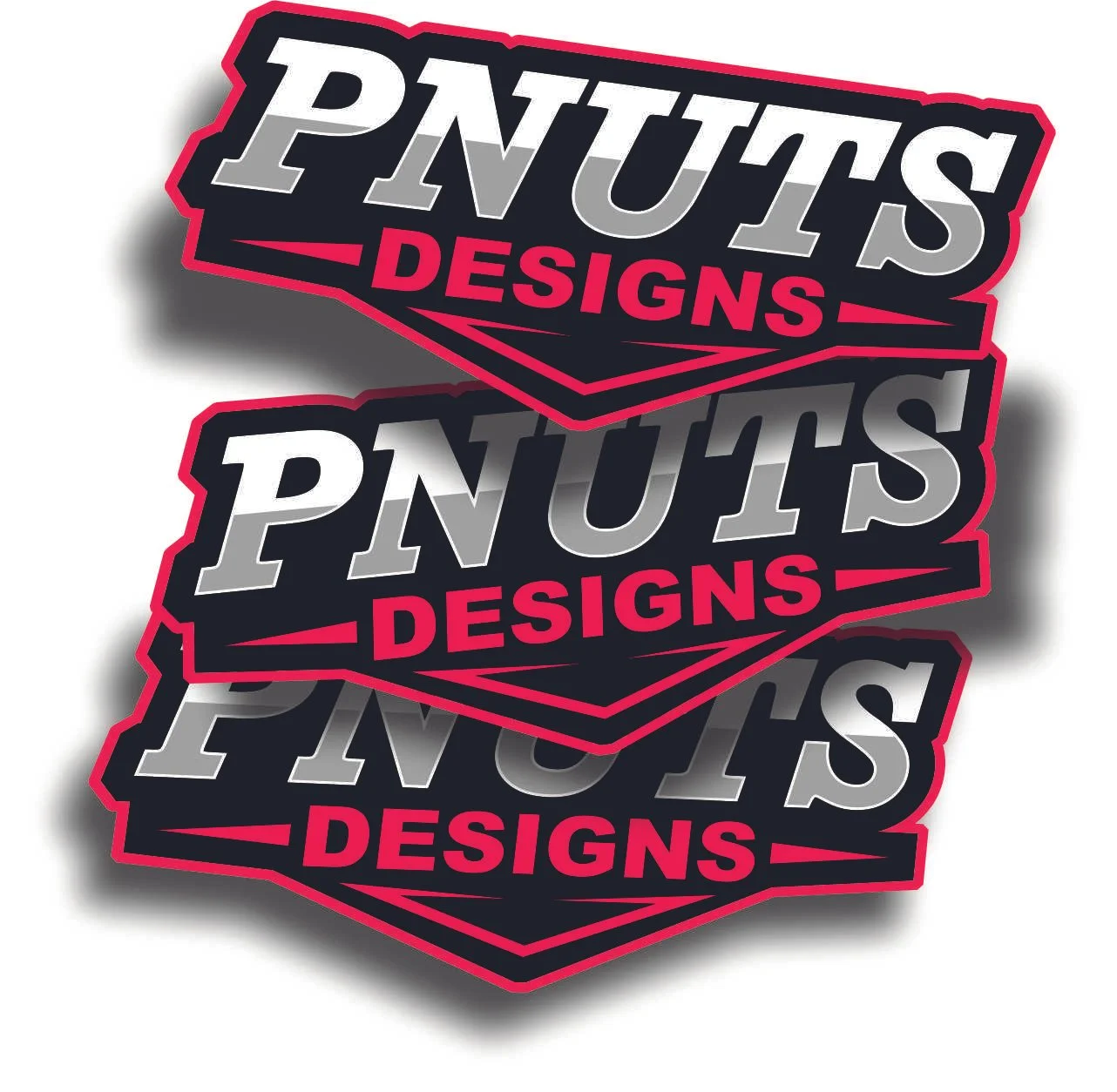 Stacked black, gray, and red logo designs for 'PNUTS Designs' with a shadow effect.