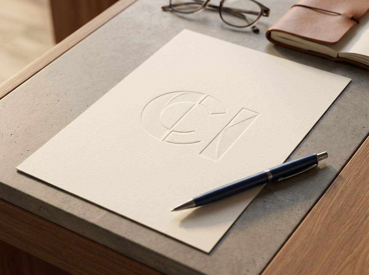 Letterhead paper with embossed logo, blue pen, eyeglasses, a closed notebook, and an open notebook on a desk.