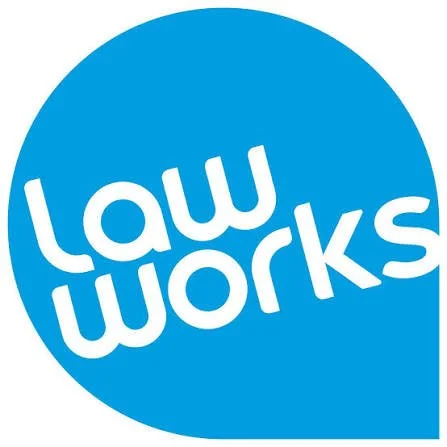 Blue circle with white text reading "Law Works"