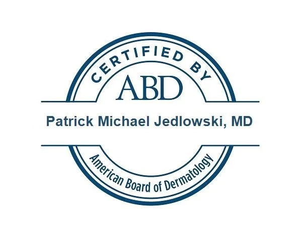Certification badge from the American Board of Dermatology for Patrick Michael Jedlowski, MD.