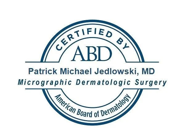 Certification badge from the American Board of Dermatology for Dr. Patrick Michael Jedlowski, MD, in Micrographic Dermatologic Surgery.