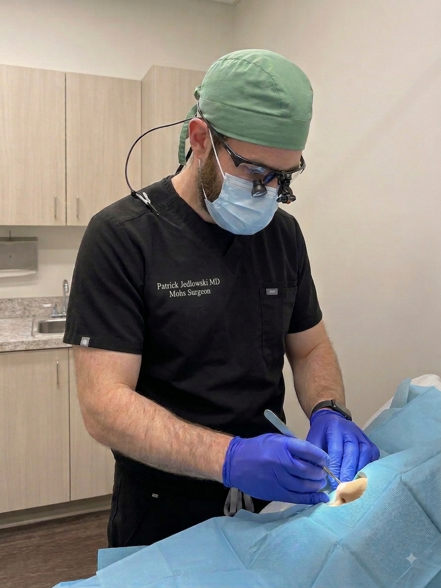A male surgeon in scrubs, green surgical cap, and face mask, performing a procedure in an operating room.