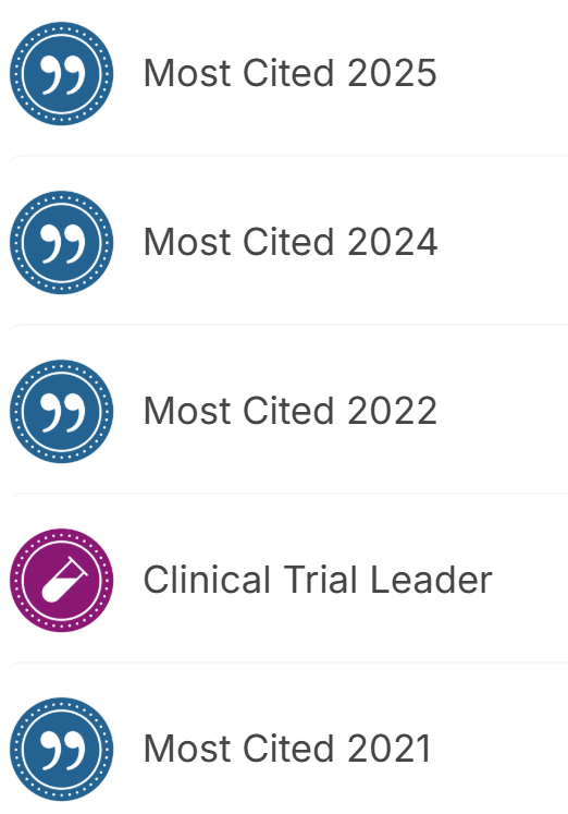 List of academic achievements with citation years from 2021 to 2025, including accolades for most cited works in 2021, 2022, 2024, and 2025, and a notable role as Clinical Trial Leader.
