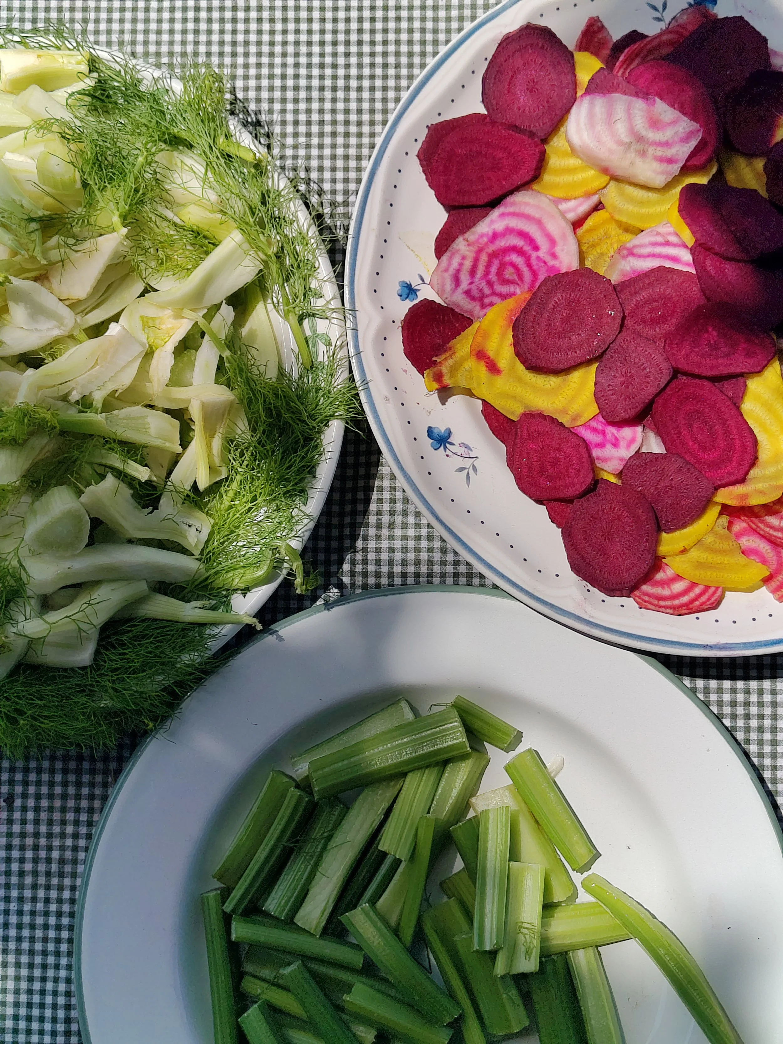 Assortiment van gesneden groenten, waaronder bleekselderij, bieten, radijzen en een salade met rode bieten, pastinaak, en groene selderij op een tafel met een geruite tafelkleed.