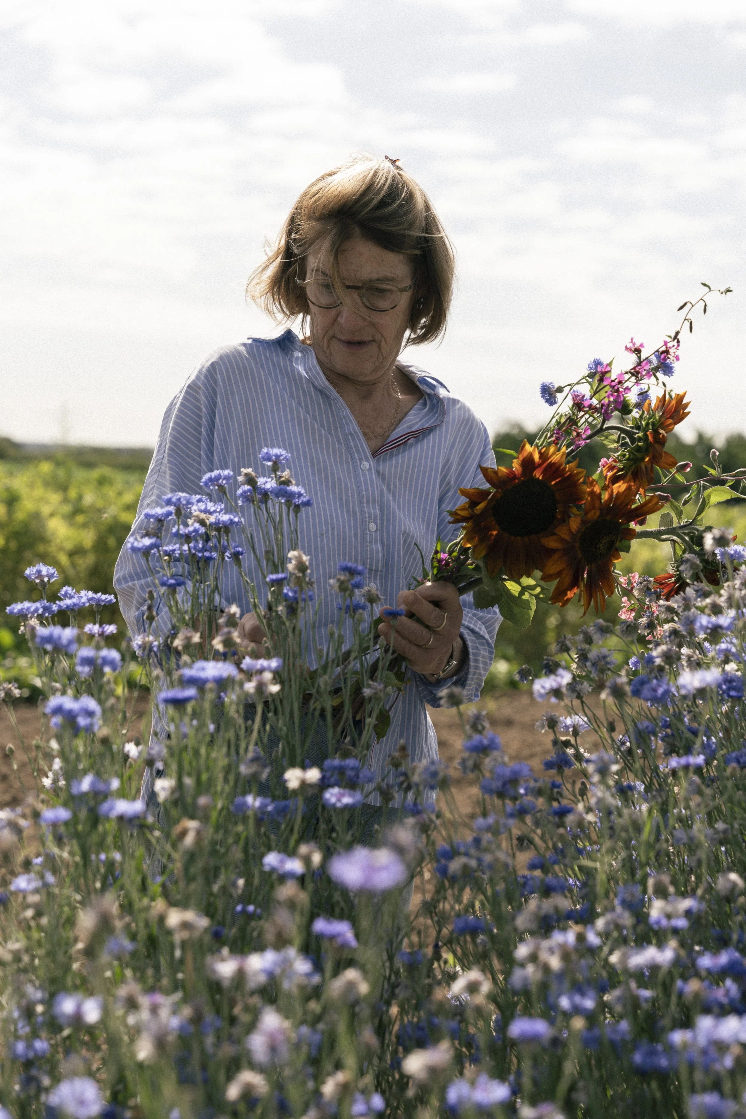 Een oudere vrouw met bruin haar en bril plukt bloemen in een veld met blauwe en oranje bloemen, onder een bewolkte lucht.