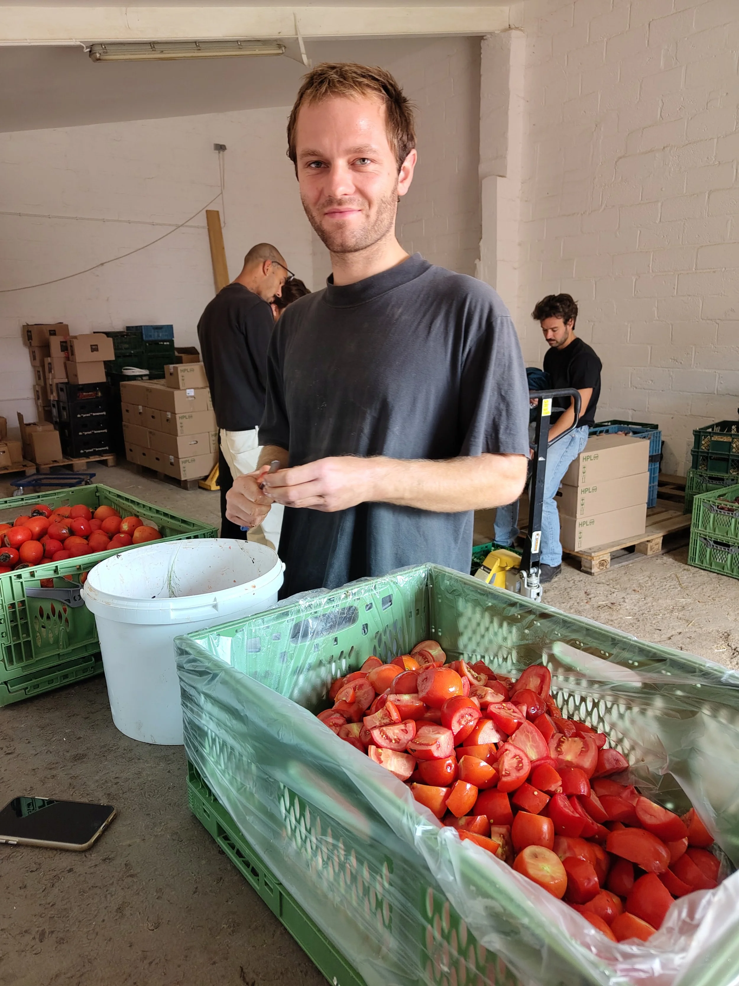 Man staat in een ruimte met stenen muren, omringd door dozen en bakken met verse tomaten. Hij kijkt naar de camera en houdt een mes vast.