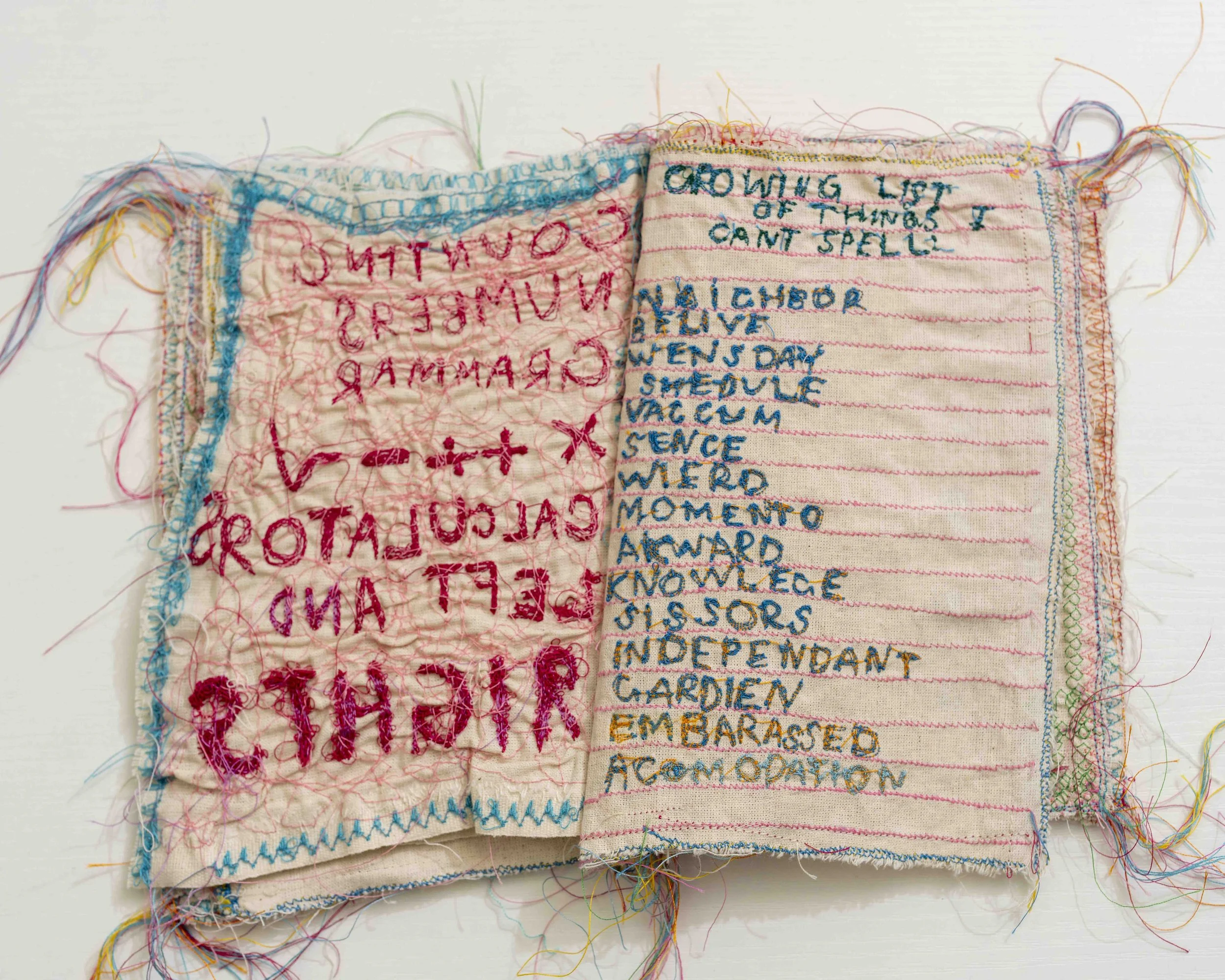 Two embroidered fabric pieces with colorful stitched words and borders, placed side by side on a white background.