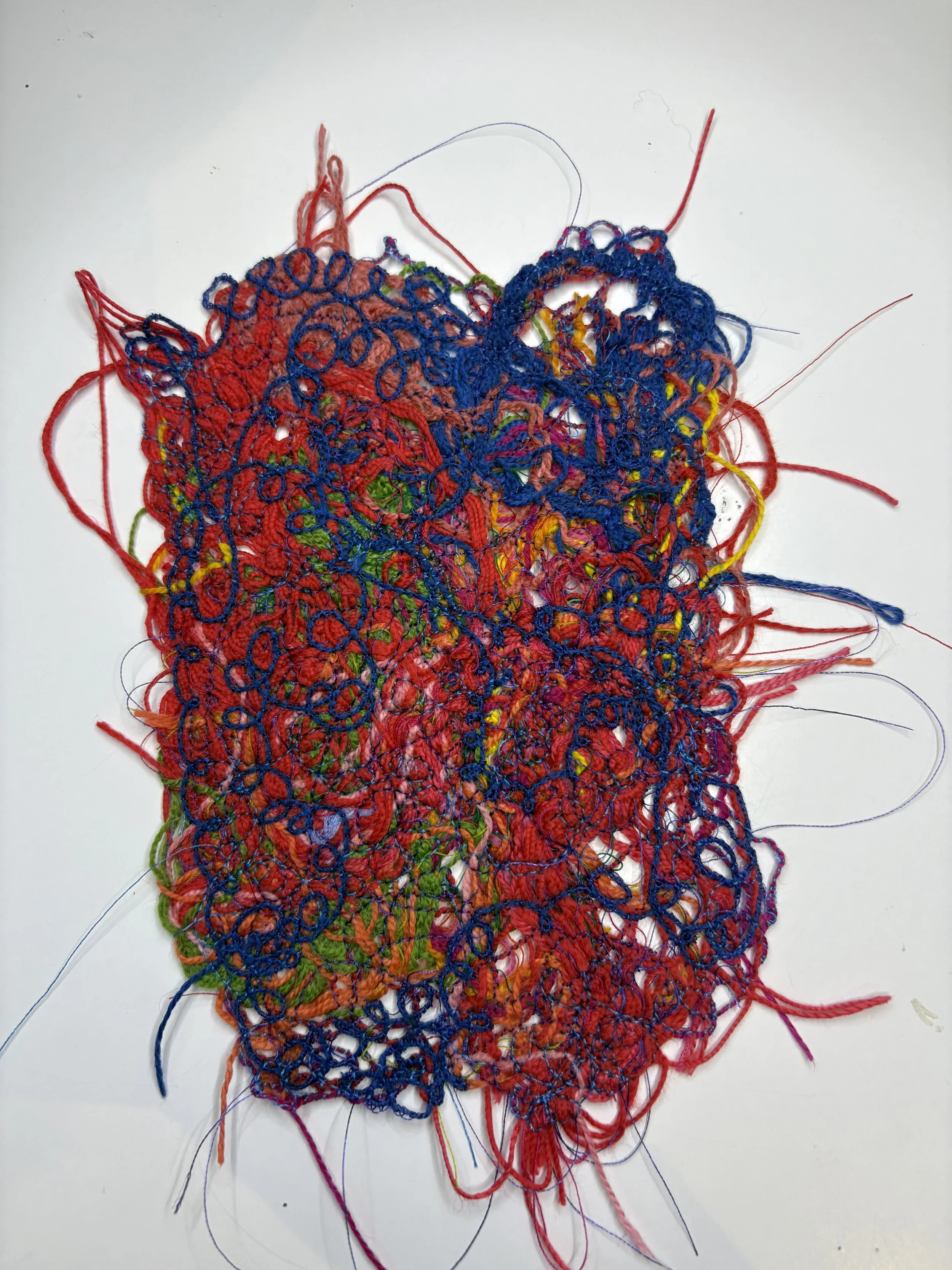 Colorful tangled threads and yarns in red, blue, green, yellow, and other colors on a white background, resembling a chaotic piece of fabric or embroidery work.
