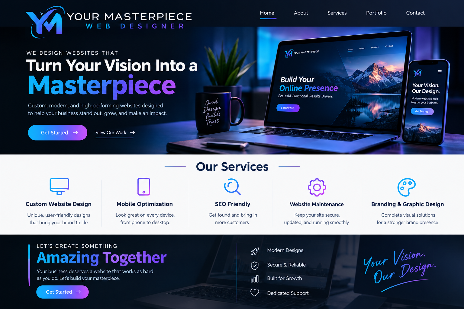 A modern website homepage for a web design company, featuring a dark and vibrant color scheme with images of a laptop and smartphone displaying the website, a navigation menu at the top, and sections highlighting services like custom website design, mobile optimization, SEO, website maintenance, and branding, along with call-to-action buttons.