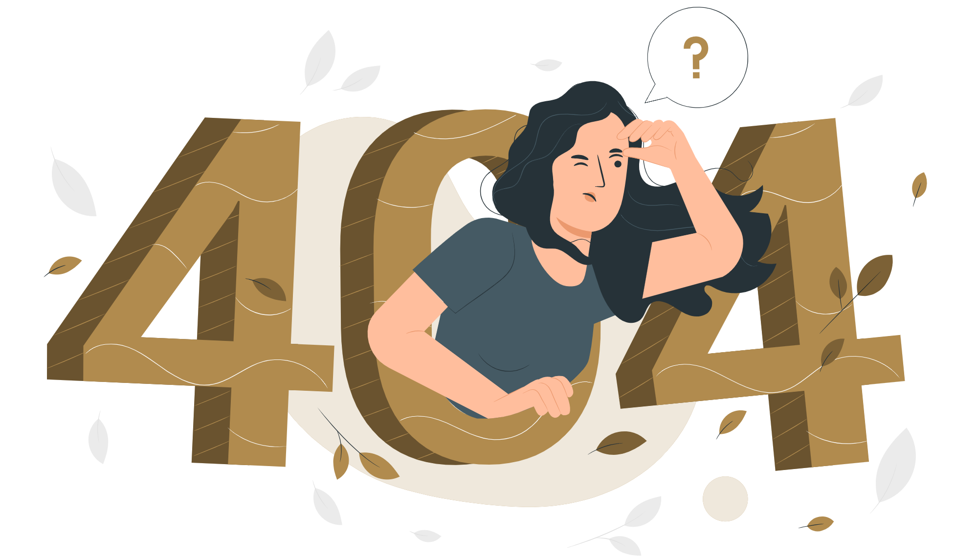 A confused woman with dark hair scratching her head, standing in front of large 3D wooden block letters spelling 'FAQ' with leaves floating around.
