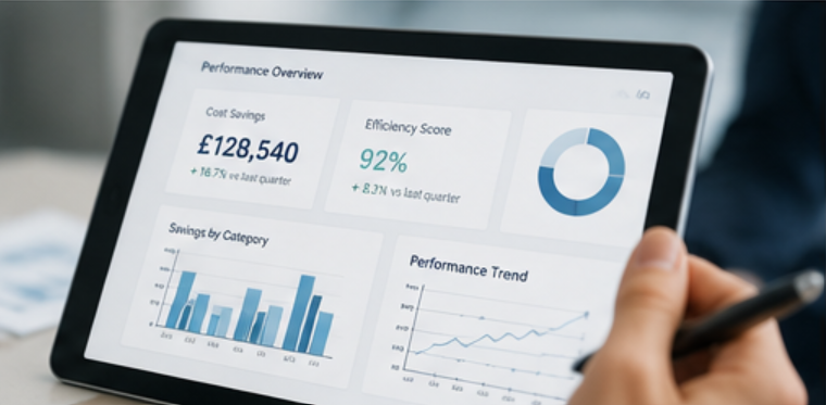 Business performance dashboard showing operational insights and cost savings