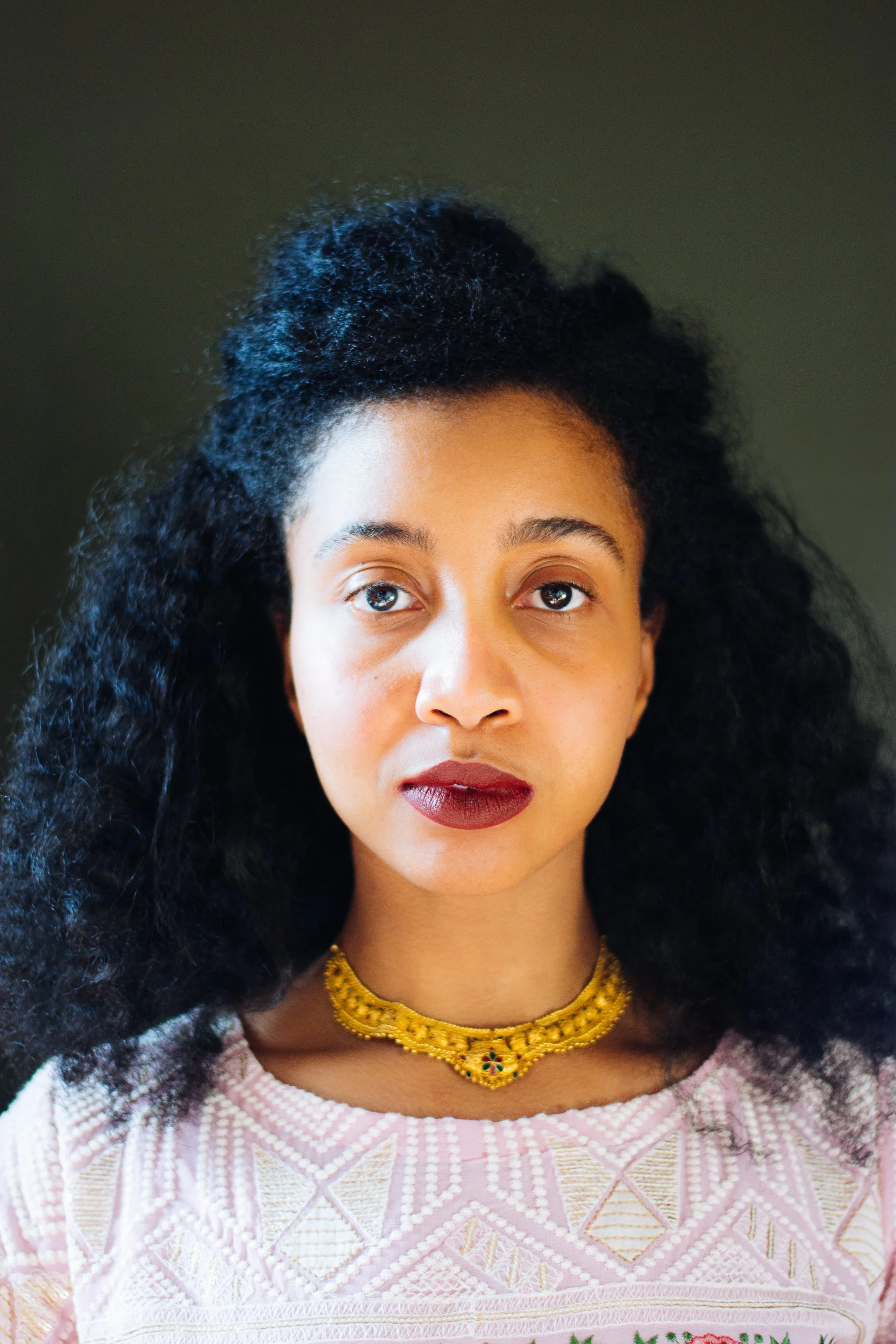 Close-up of a woman with dark, curly hair and medium skin tone, wearing a gold necklace and a pink embroidered dress, against a plain background.