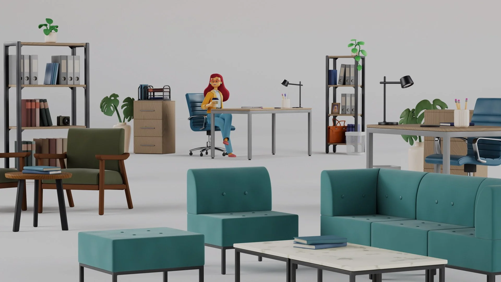 Modern office with a woman sitting at a desk holding a coffee cup, surrounded by bookshelves, plants, and seating areas.