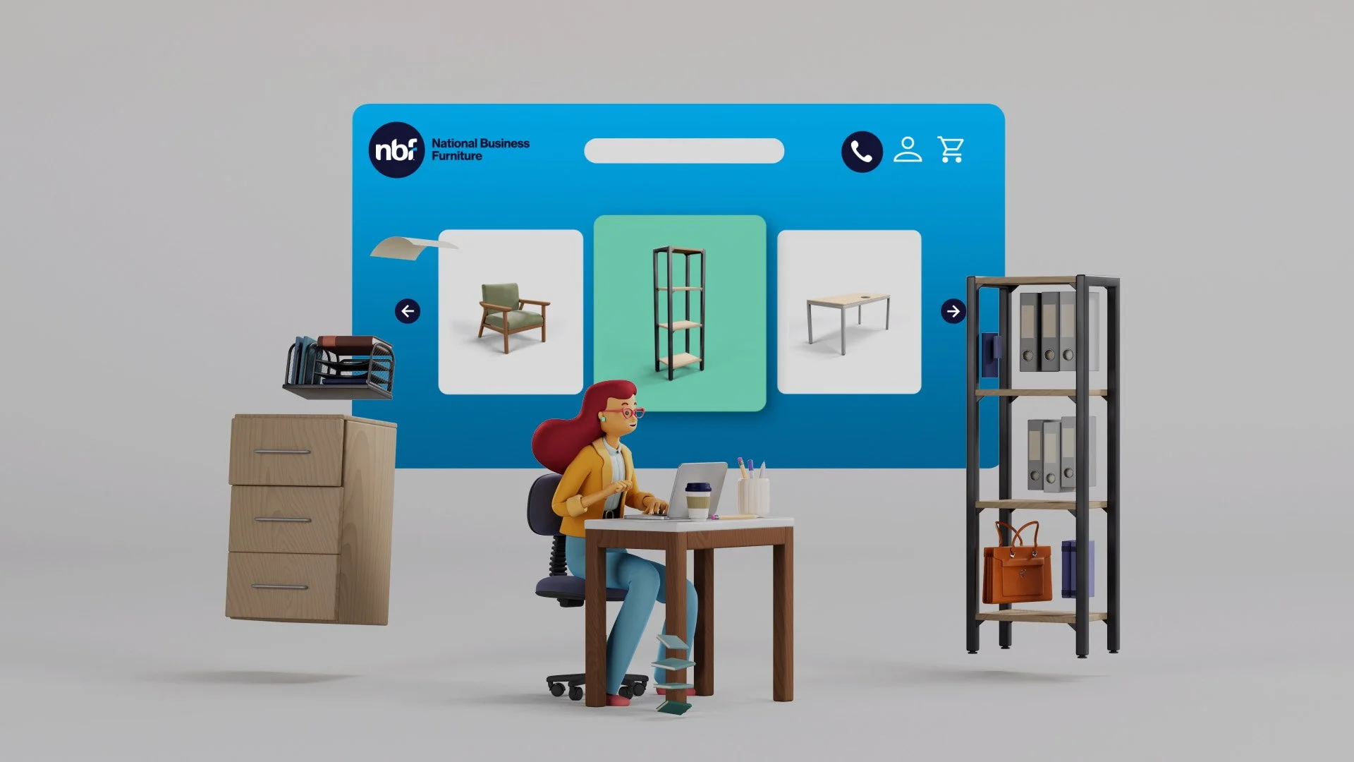 Virtual showroom with furniture and an animated woman working at a desk.
