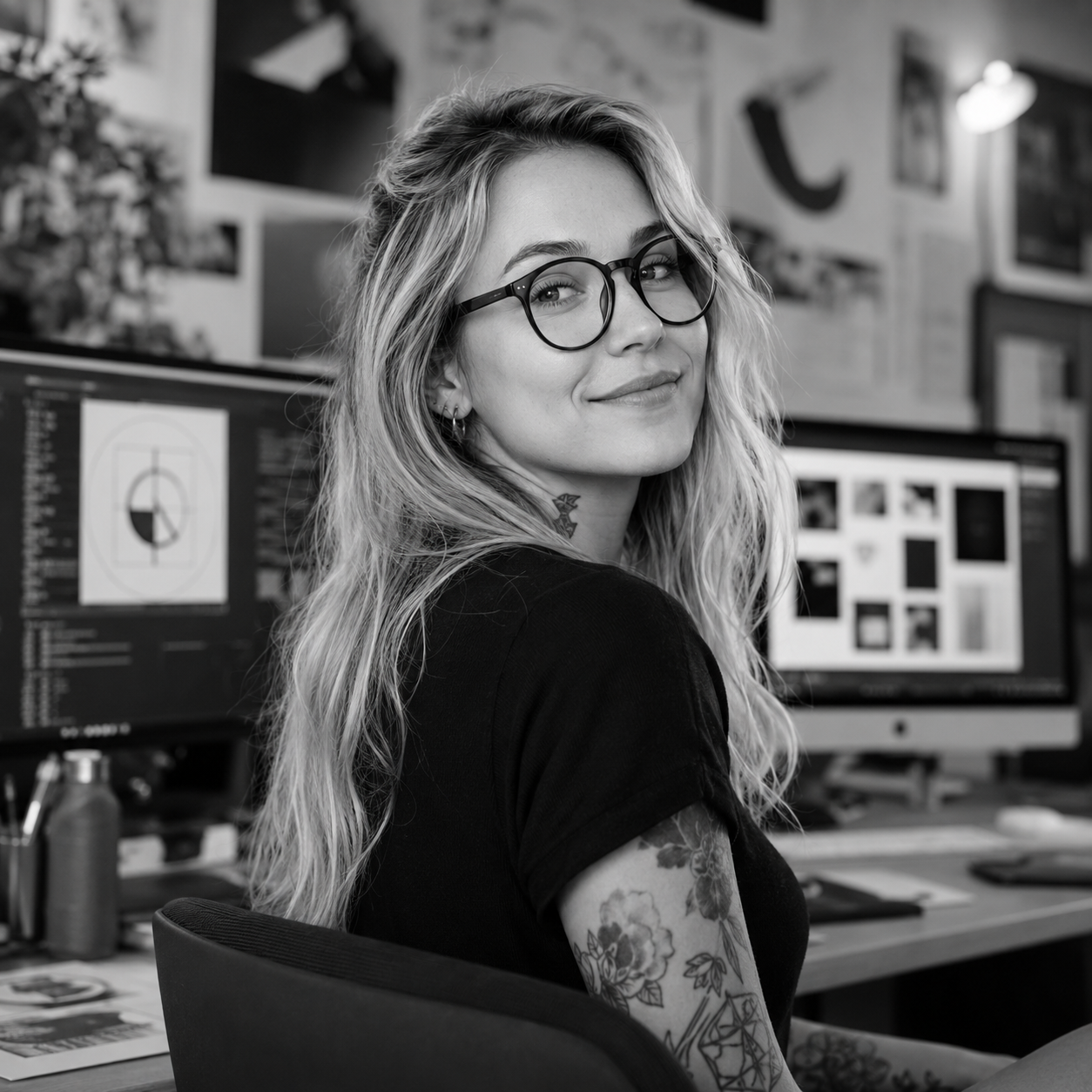 A young woman with wavy blonde hair, glasses, and tattoos sitting in front of computer screens in an office or studio environment.