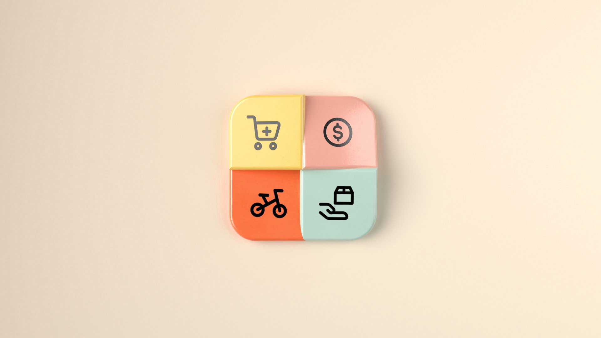 Colorful square blocks with black icons, including a shopping cart, dollar sign, bicycle, and hand holding a card, arranged on a white background.