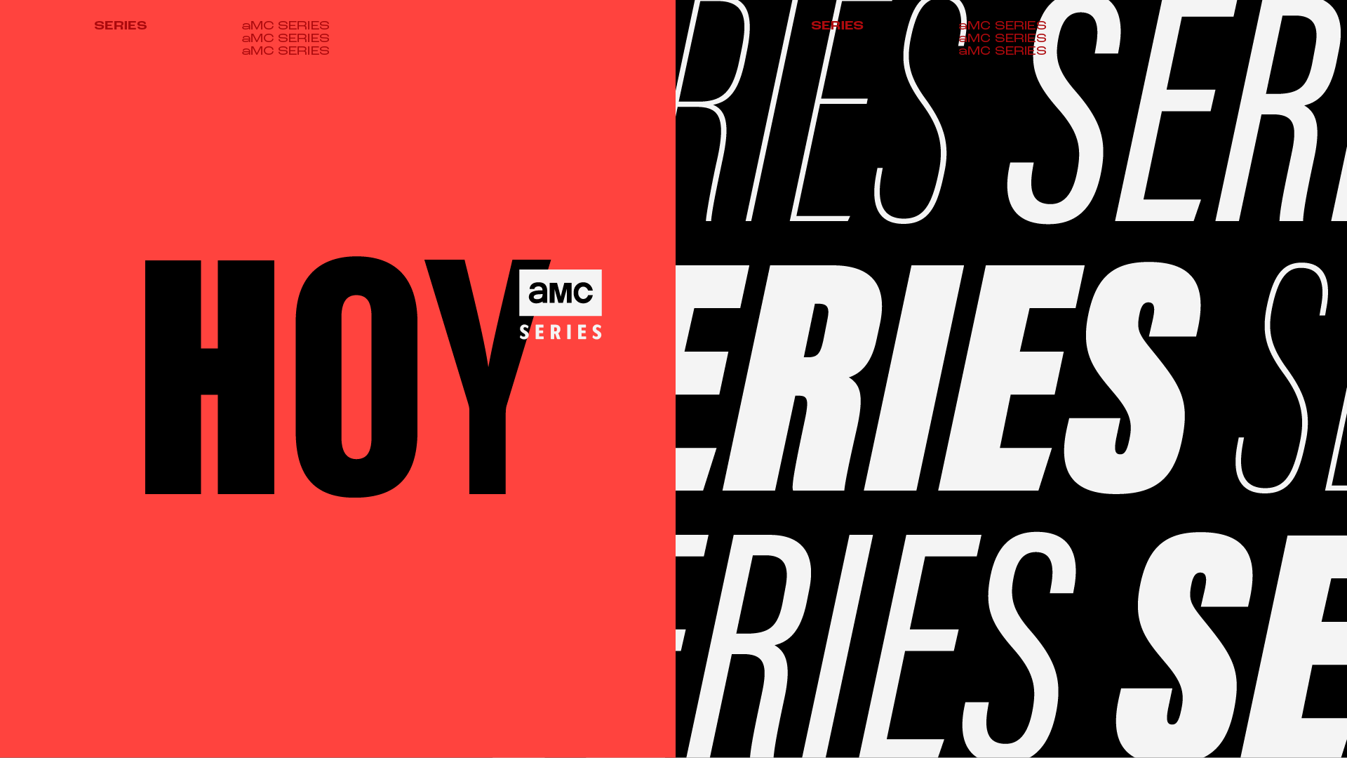 Split screen graphic with red background on the left featuring large black text 'HOV' and smaller text 'aMC SERIES', 'aMC SERIES', 'aMC SERIES' in the top right corner. The right side has a black background with large white, stylized, diagonal text spelling 'SERIES', 'SERIES', and 'SERIES' in a repeated pattern.