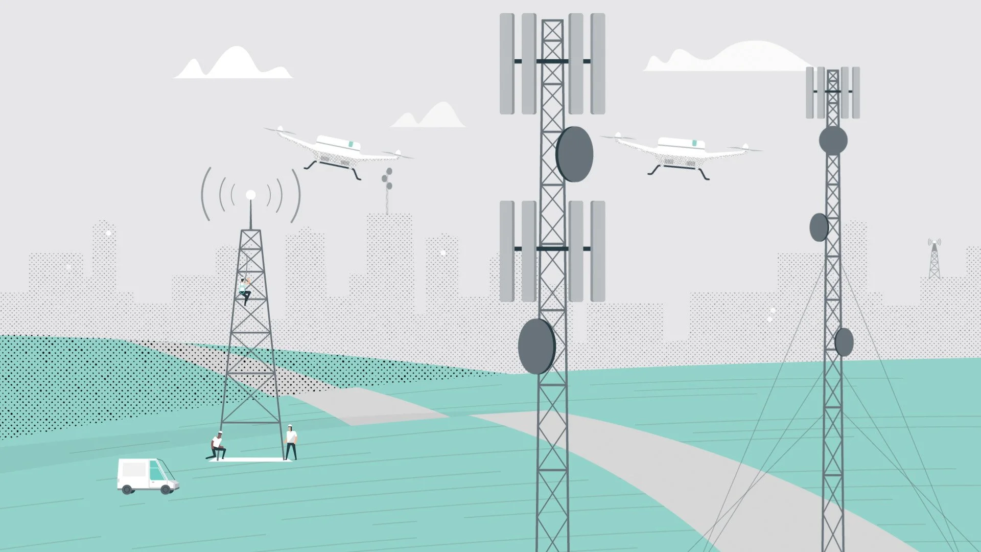 Sitetracker telecom infrastructure animation visualizing tower operations, network deployment and field management workflows.